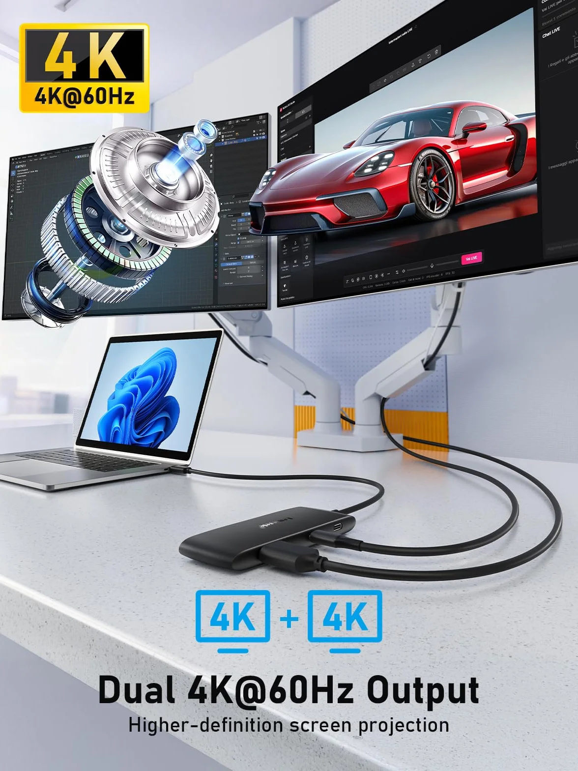Lemorele Stacja dokująca USB-C z podwójnym monitorem, koncentrator 7 w 1 z podwójnym 4K przy 60 Hz (HDMI + USB-C DP Alt Mode), obsługuje okulary AR / monitor przenośny, 100 W PD, 3× USB 3.0/2.0 do