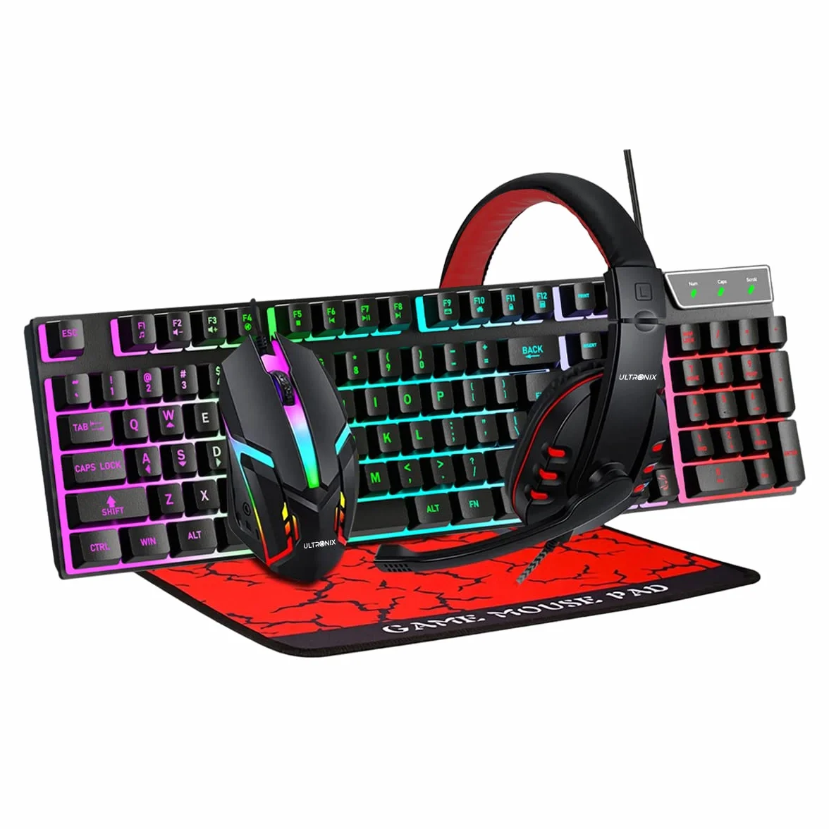 Przewodowy zestaw do gier z podświetleniem RGB – ergonomiczna klawiatura, mysz, podkładka pod mysz i zestaw słuchawkowy z technologią Anti-Ghosting, klawisze multimedialne, konfigurowalne