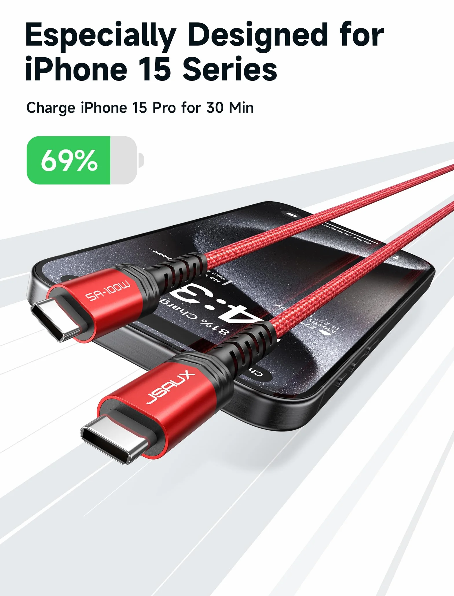 JSAUX Kabel USB C-USB C (2 szt., 1m+1m) 100W/5A, ładujący/szybki ład., kompatybilny z Nintendo Switch 2, iPhone 16/15 Pro Max, Samsung Galaxy S25/S24/A54, MacBook, iPad Pro Air – czerwony