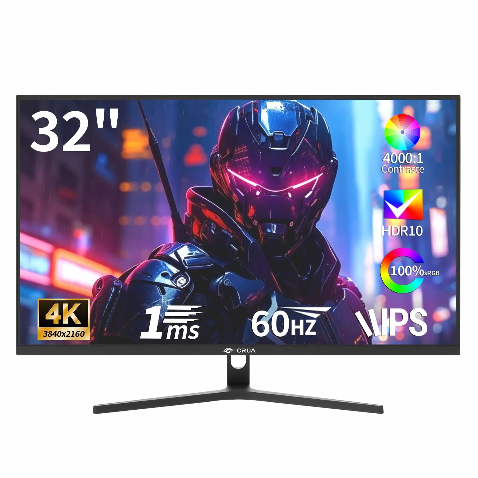 CRUA 32-calowy ekran PC Gamer 4K, monitor gier UHD (3840 x 2160) ekran PC - VA 1ms GtG 60 HzHZ, wyświetlacz HDRTM 400, 98% DCI-P3, AMD FreeSync, nachylenie, regulacja wysokości, tryb portretowy