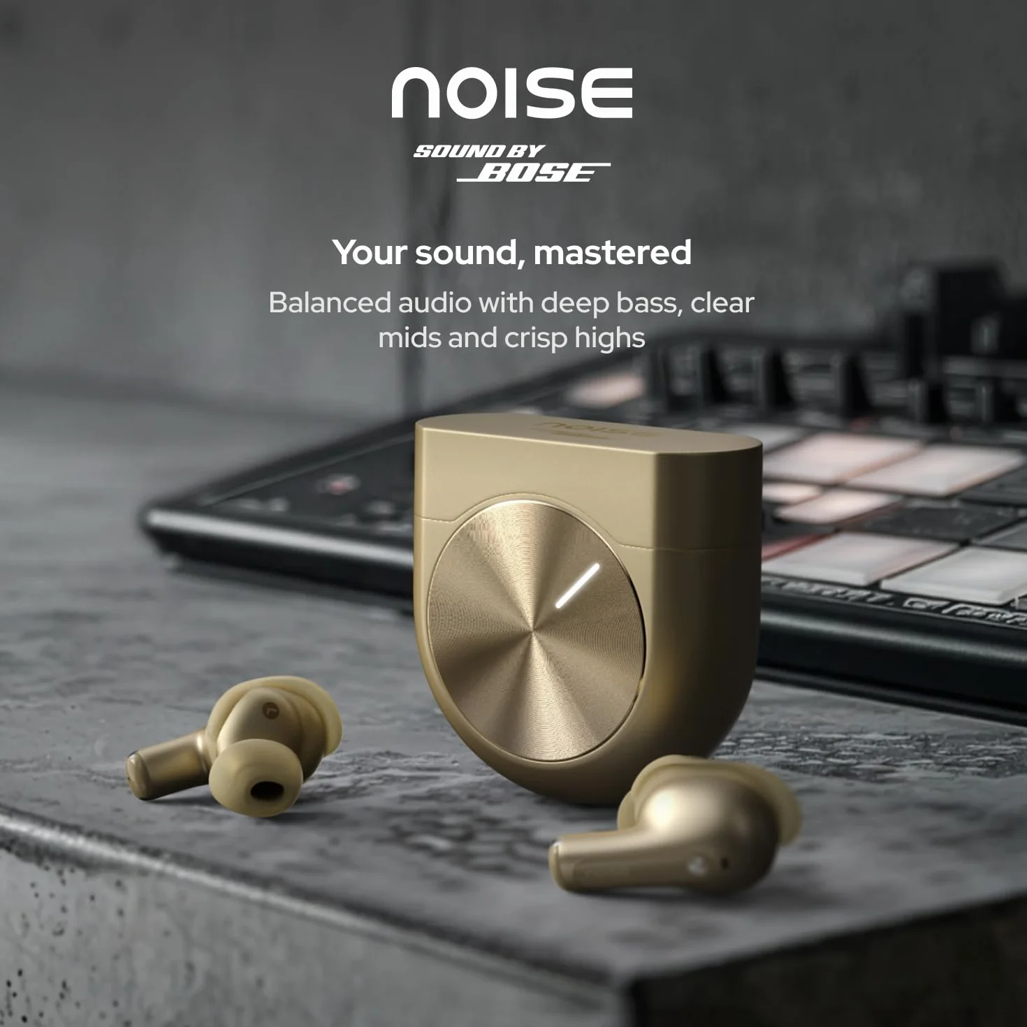 Noise Master Buds 2 z SoundByBose (2026), adaptacyjny ANC 51 dB, Hi-Res LHDC Audio, 360° Spatial Audio z Head-Tracking, 6-Mic ENC, podwójne parowanie, szybkie ładowanie i BT v6.1 (Aurum)