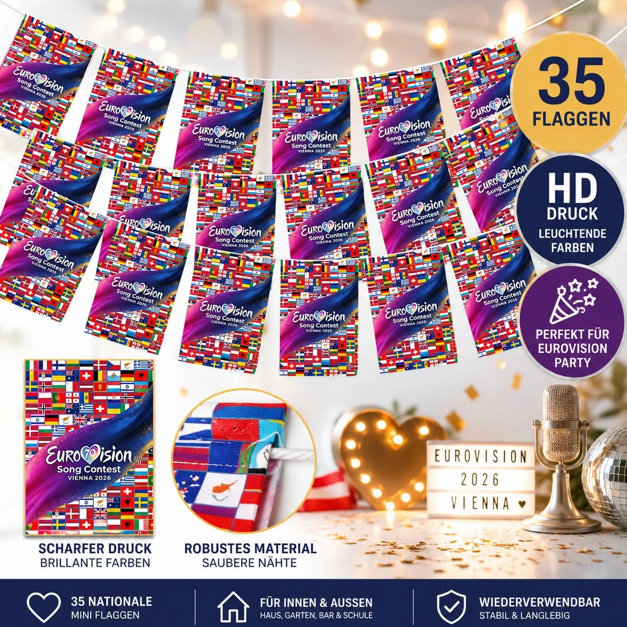 Eurovision 2026 łańcuch chorągiewek z flagą 35 narodowych flag HD dekoracja