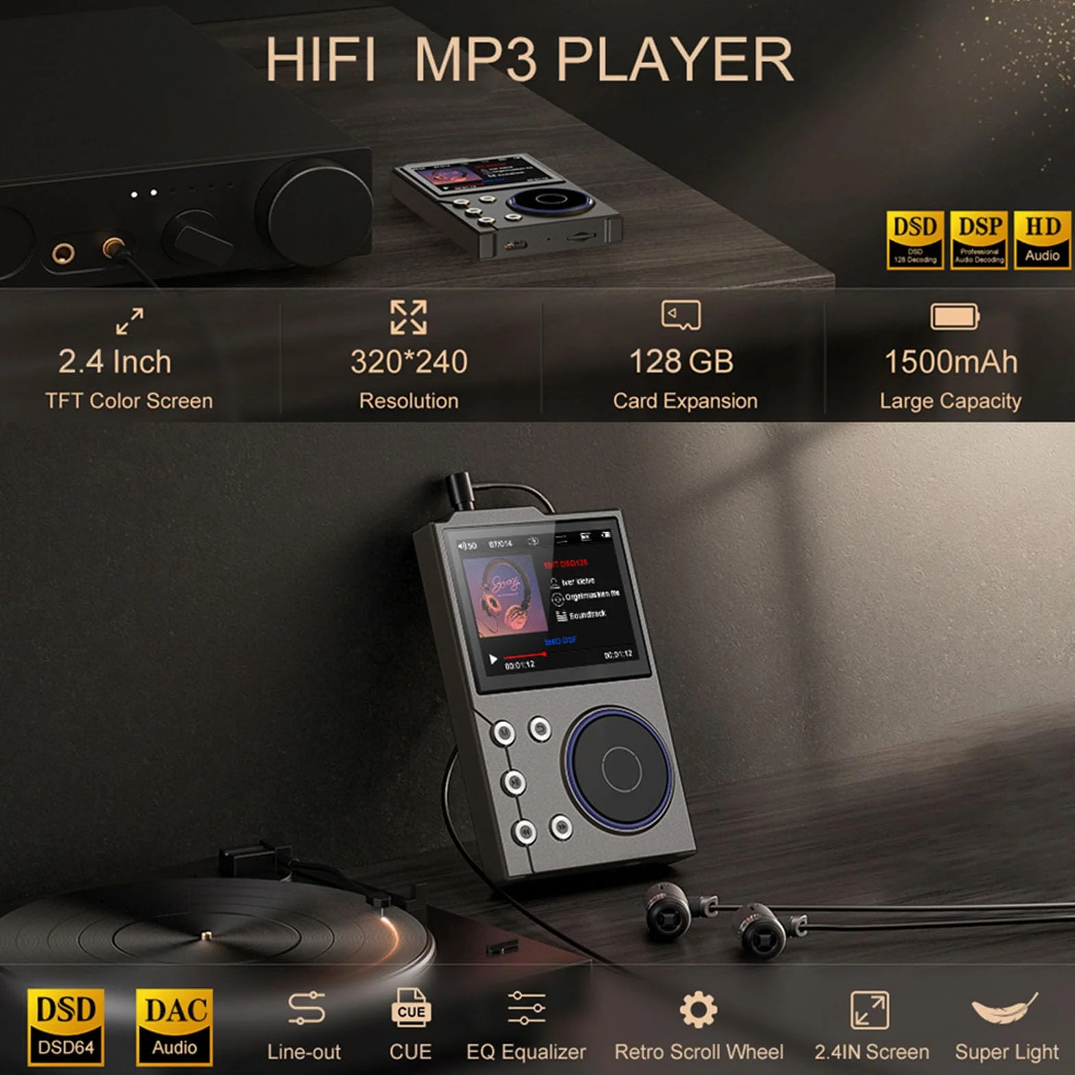 Odtwarzacz MP3, Przenośny Odtwarzacz Muzyki MP3, Odtwarzacz MP3 HiFi Bezstronny Dźwięk z Ekranem HD, z USB OTG dla Cyfrowego Odtwarzacza Dźwiękowego