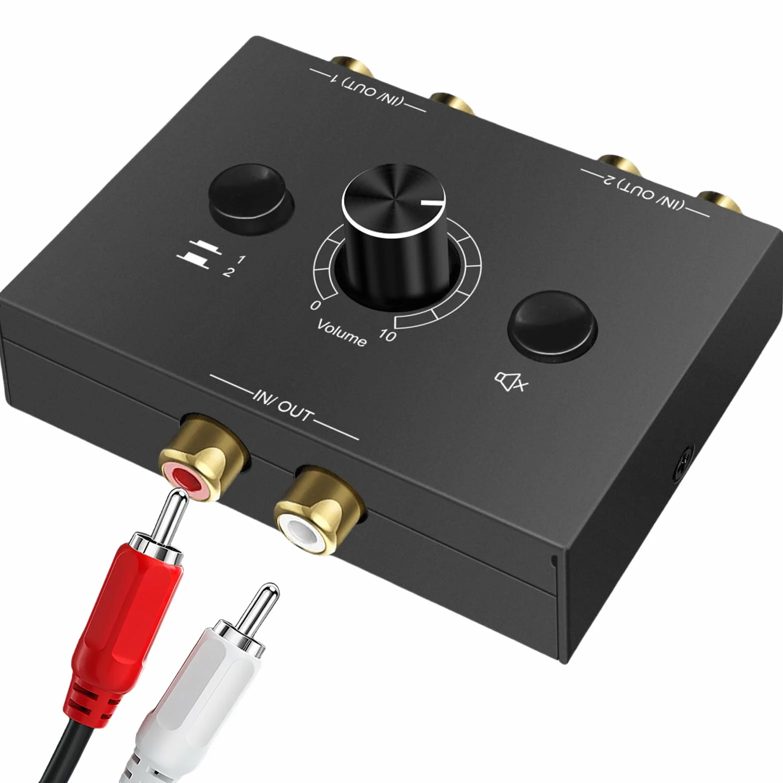 RCA Stereo Audio Switch 2(1)-IN-1(2)-OUT, R/L Regulacja Głośności, dwukierunkowy Aux Sound Selector Splitter Box do odtwarzacza CD, komputera, głośników