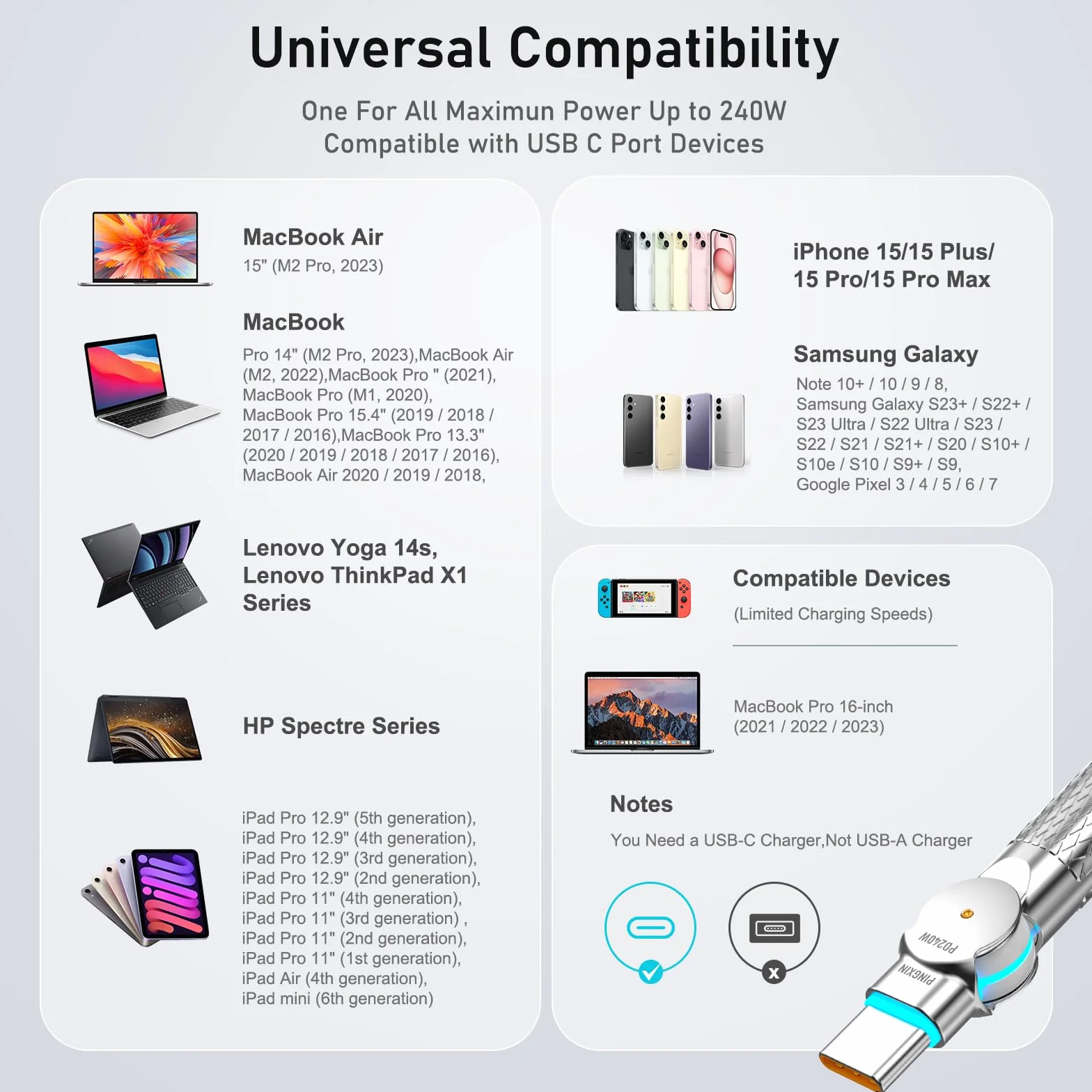 Kabel USB C na USB C, 240 W, pleciony, obracany o 180°, szybkie ładowanie do iPhone'a 16/16Pro/16Plus/16ProMax, MacBook Air, iPad Pro, Pixel, Samsung Galaxy S23/S24 Ultra-czarny
