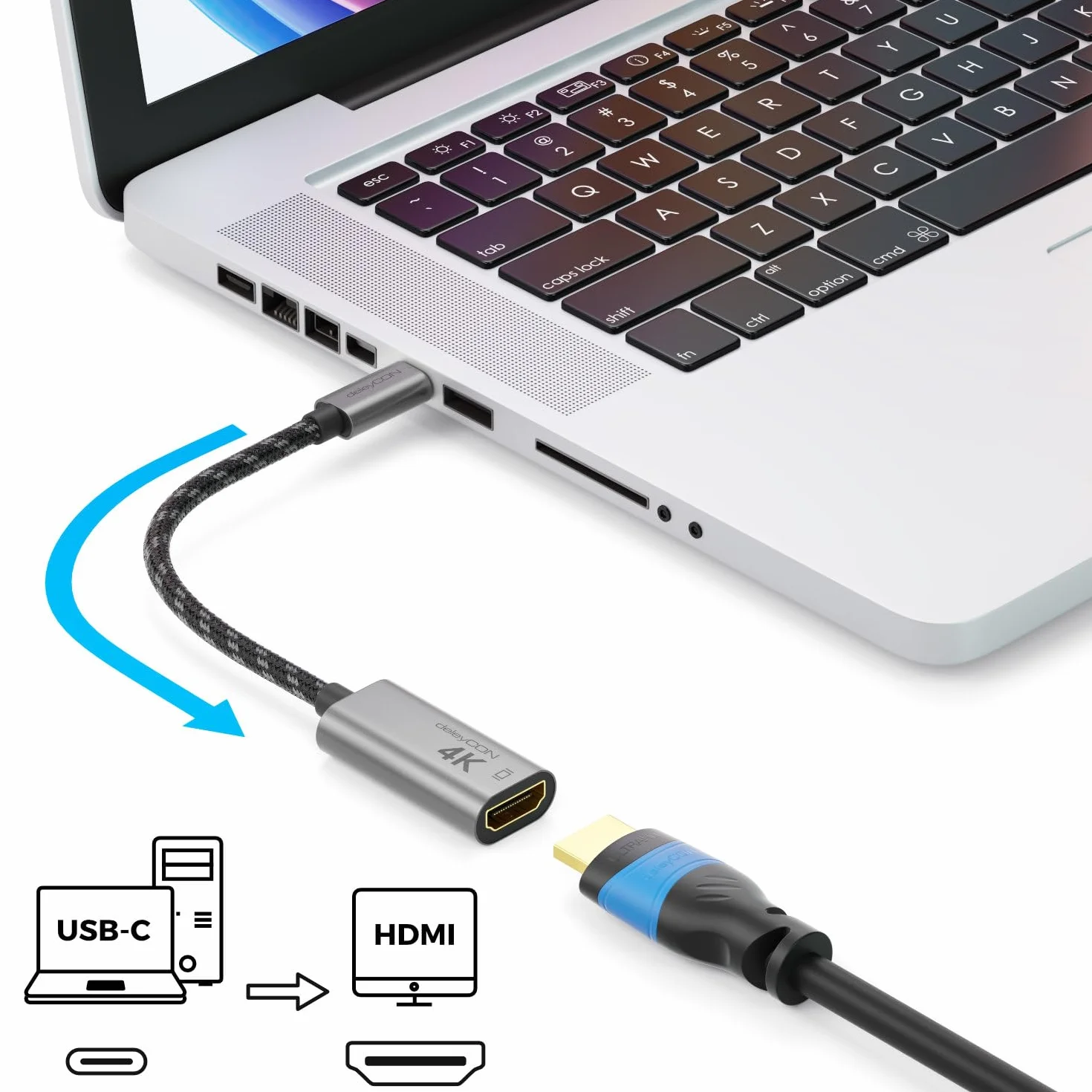 deleyCON 4K USB-C do HDMI Adapter z Aluminium (4K@60Hz Monitor/TV/Projektor) Thunderbolt 3/4, iPhone 17 16 15 Pro Max Air, MacBook, iPad Pro/Air, Galaxy S25 S24 S23, Notebook, Tablet