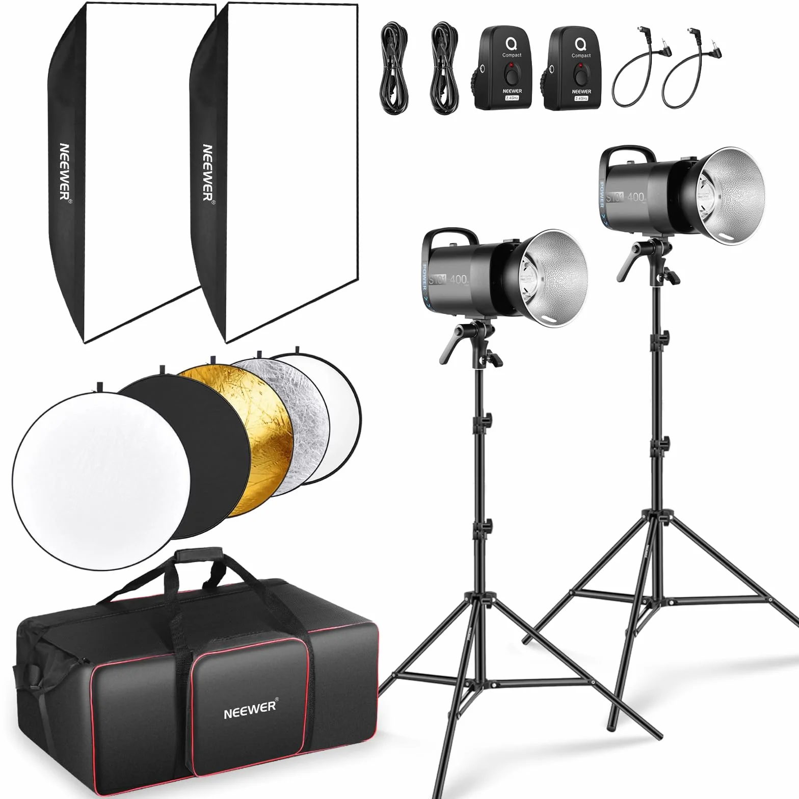 NEEWER Zestaw 800 W Studio Monolight Strobe Flash: 2-pak S101-400 W PRO 5600 K lampa błyskowa Studio z wyzwalaczem 2,4 G/lampa nastawcza 150 W/Bowens Mount/softbox/stojak/reflektor/torba, kompatybilny
