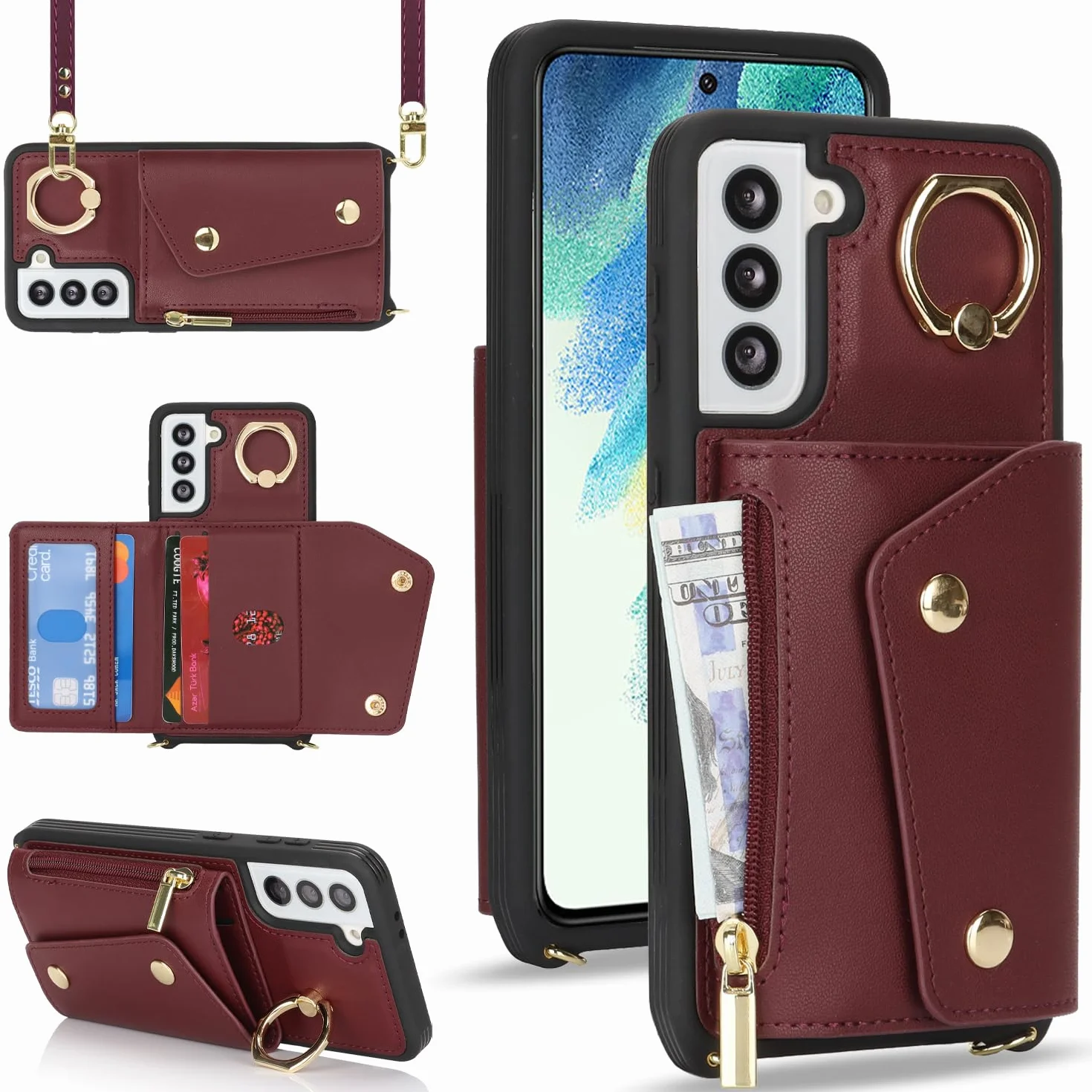 Lipvina Etui do Samsung Galaxy S21 FE etui z paskiem na karty, etui na telefon komórkowy Samsung Galaxy S21 FE z zamkiem błyskawicznym, z pierścieniem, stojakiem dla kobiet - czerwone