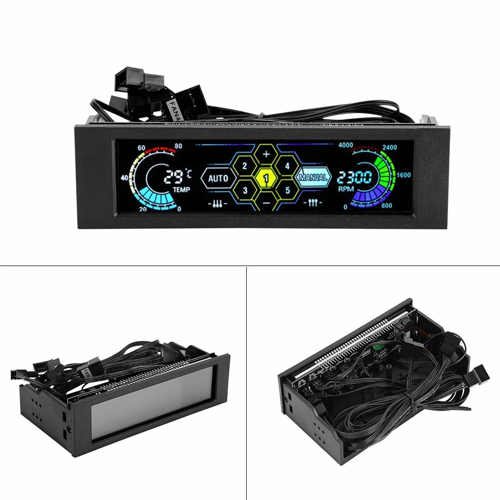 Kontroler Wentylatora 5.25 Sterowanie Prędkością Wentylatora PC 5-kontroler Prędkości Wentylatorów Czujnik Temperatury Procesora z Dużym Wyświetlaczem LCD do Chłodzenia Komputera – Tryby