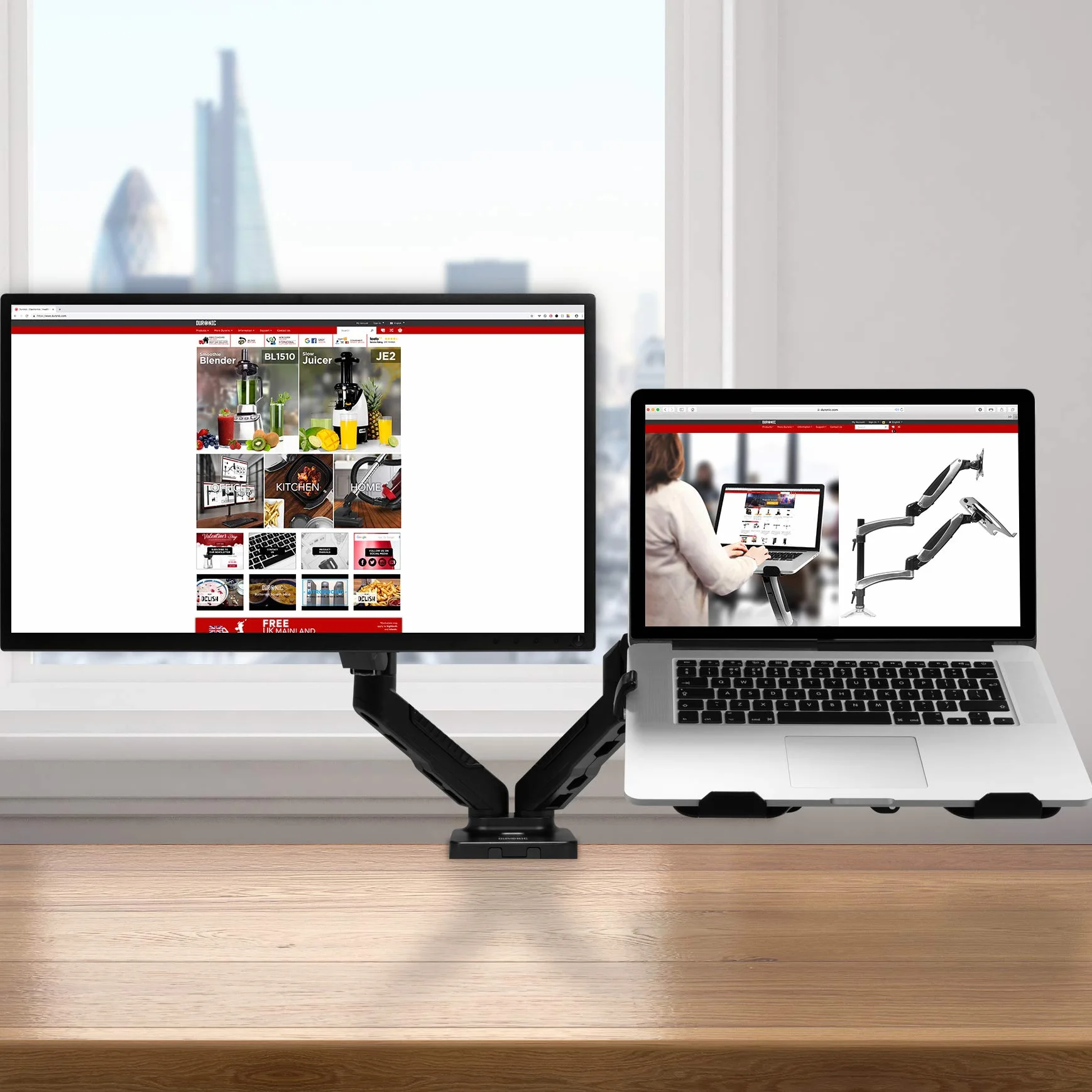 Duronic DMDCL1X1 Uchwyt monitor i laptop 2x 6,5 kg gazowy do 6,5 kg, VESA 75 lub VESA 100, uchwyt do laptopa, podstawka do laptopa i monitora, regulacja monitora, 13-24 cali