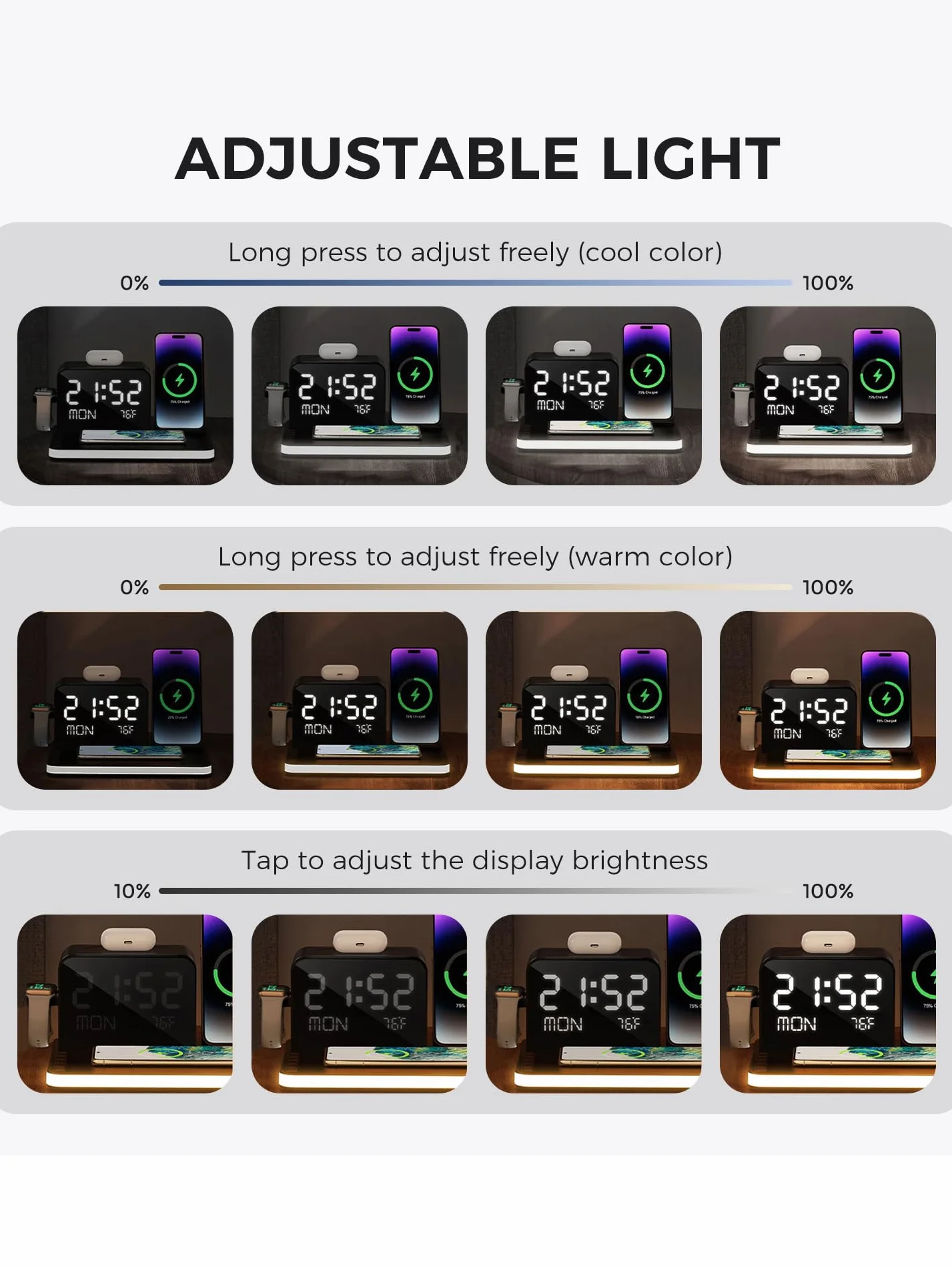Bezprzewodowa Stacja Ładująca 7 w 1 z Zegarem, Szybka Ładowarka Indukcyjna 30W Bluetooth i Termometr, Stacja Dokująca kompatybilna z iPhone 17 16 15 14 13 12 Pro Max, Apple Watch, AirPods