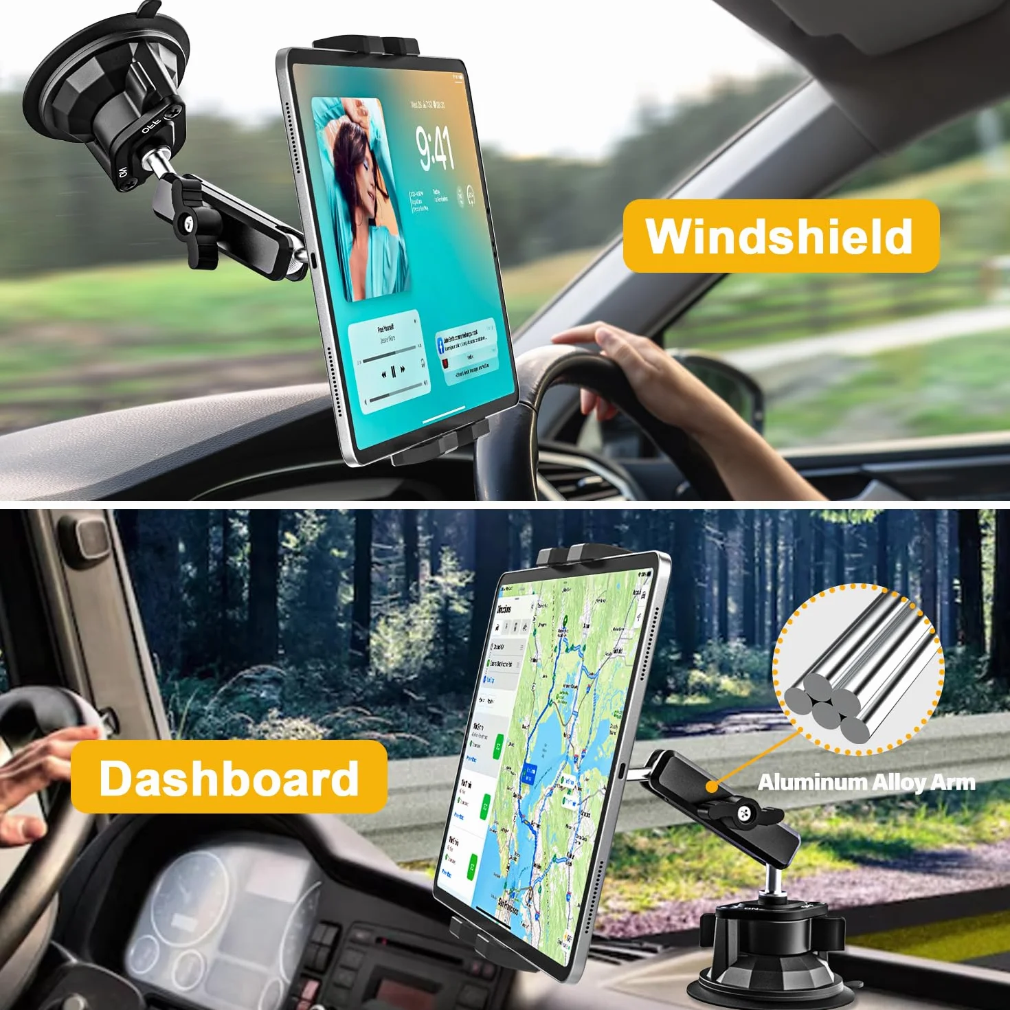 Oilcan Uchwyt na tablet samochodowy z aluminiowym ramieniem i dużą przyssawką, uchwyt samochodowy na przednią szybę deski rozdzielczej do ciężarówki, kompatybilny z iPad Pro Air Mini/Galaxy Tab/Fire