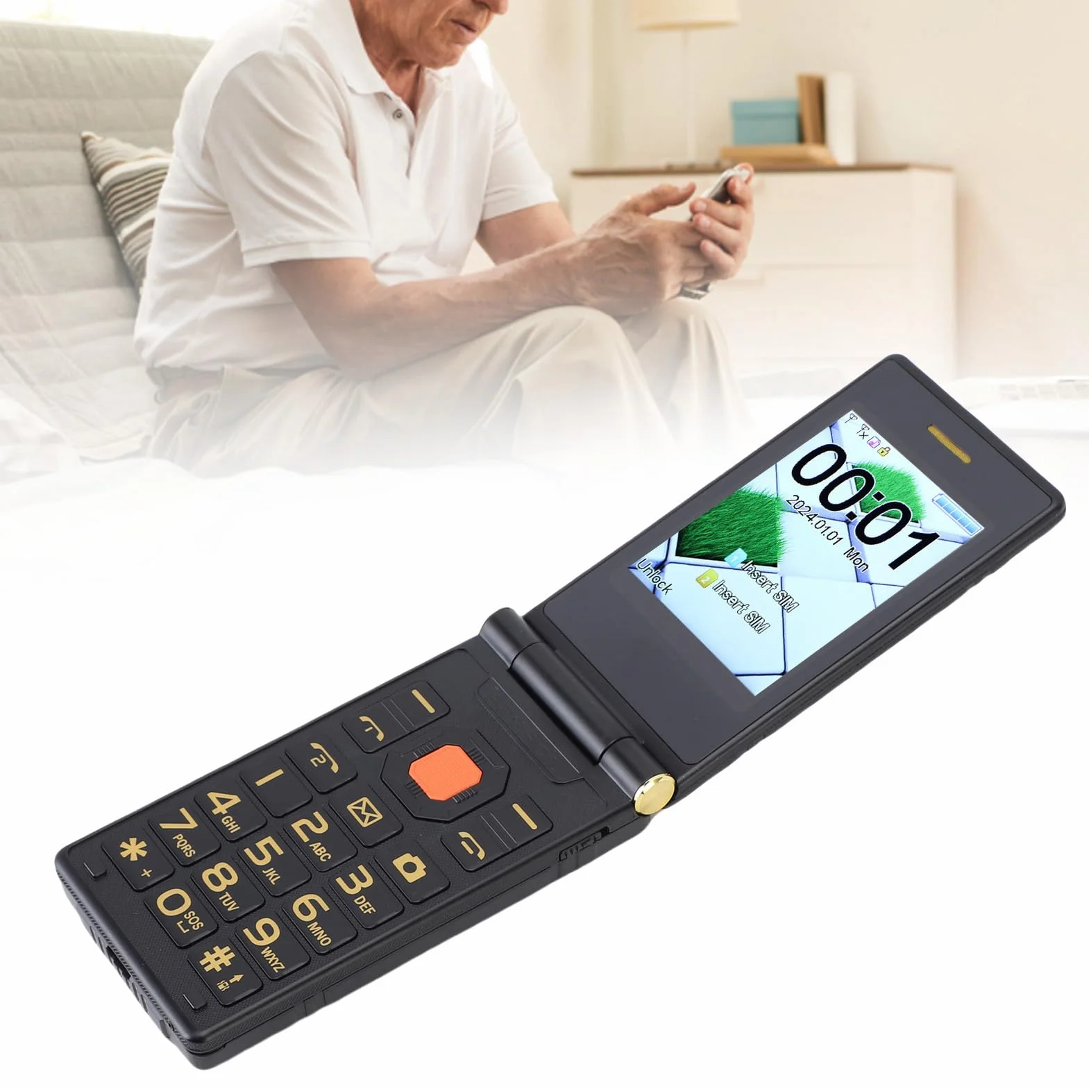 Bewinner Dual Ecran Flip Telefon z Aparatem, Dużymi Czcionkami, Systemem Transmisji Głosowej, Numery Rodzinne, Bateria 4800 MAh, GSM 850/900/1800/1900 MHz, Dual SIM Dual Standby, Obsługa (BLACK)