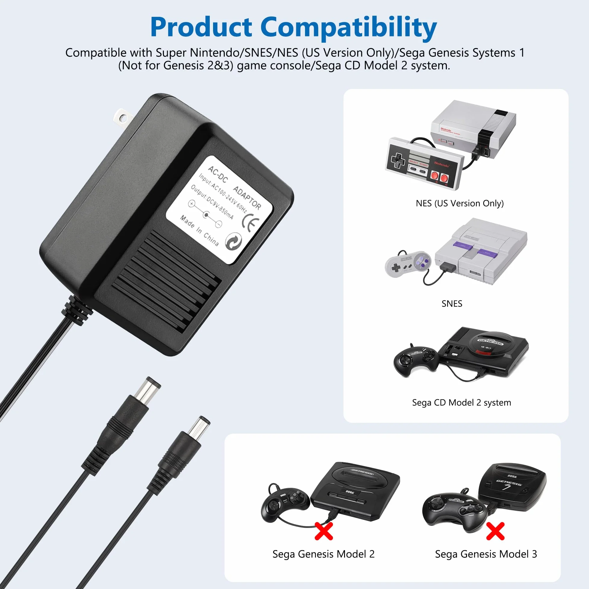 do zasilacza SNES, kabel zasilający NES kompatybilny z Super Nintendo/SNES/NES/Sega Genesis mk1 / Genesis 2 / Atari Jaguar