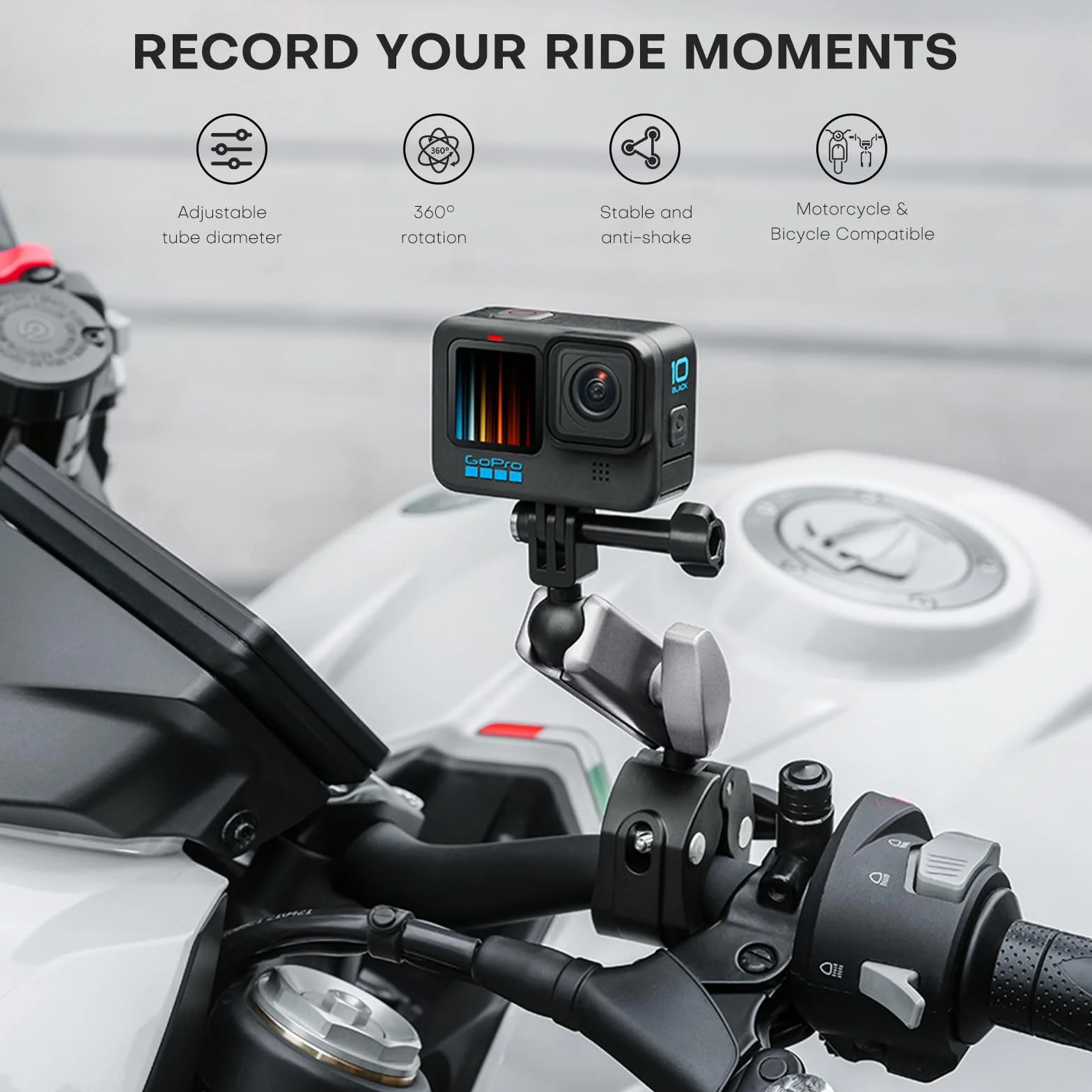 REYGEAK Mocowanie kamery z podwójną głowicą kulową 360° ze śrubami 1/4, uchwyt na kierownicę rowerową z podwójnym pazurem do Gopro Max Hero 13/12/11/10/9
