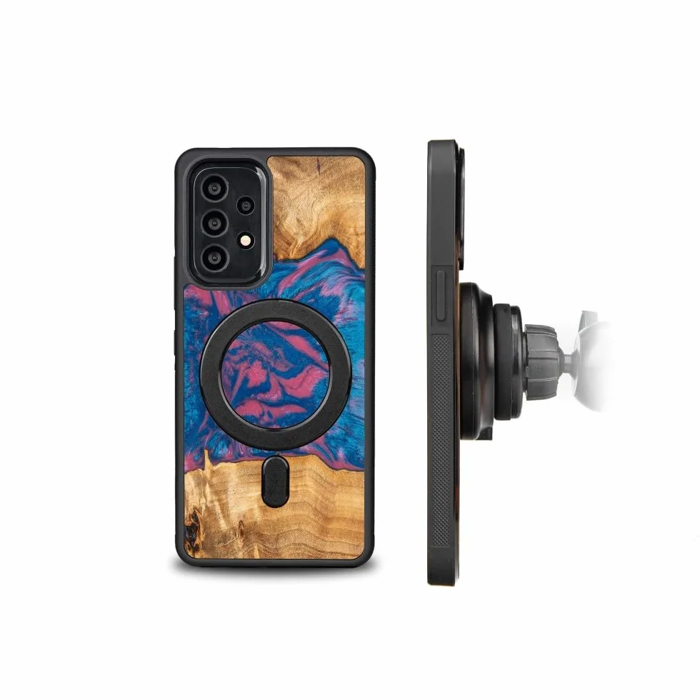 Unikalne etui kompatybilne z Samsung Galaxy A73 5G, etui ochronne z naturalnego drewna i żywicy, ręcznie wykonane, neonowe wzornictwo, odporne na uderzenia, kompatybilne z MagSafe