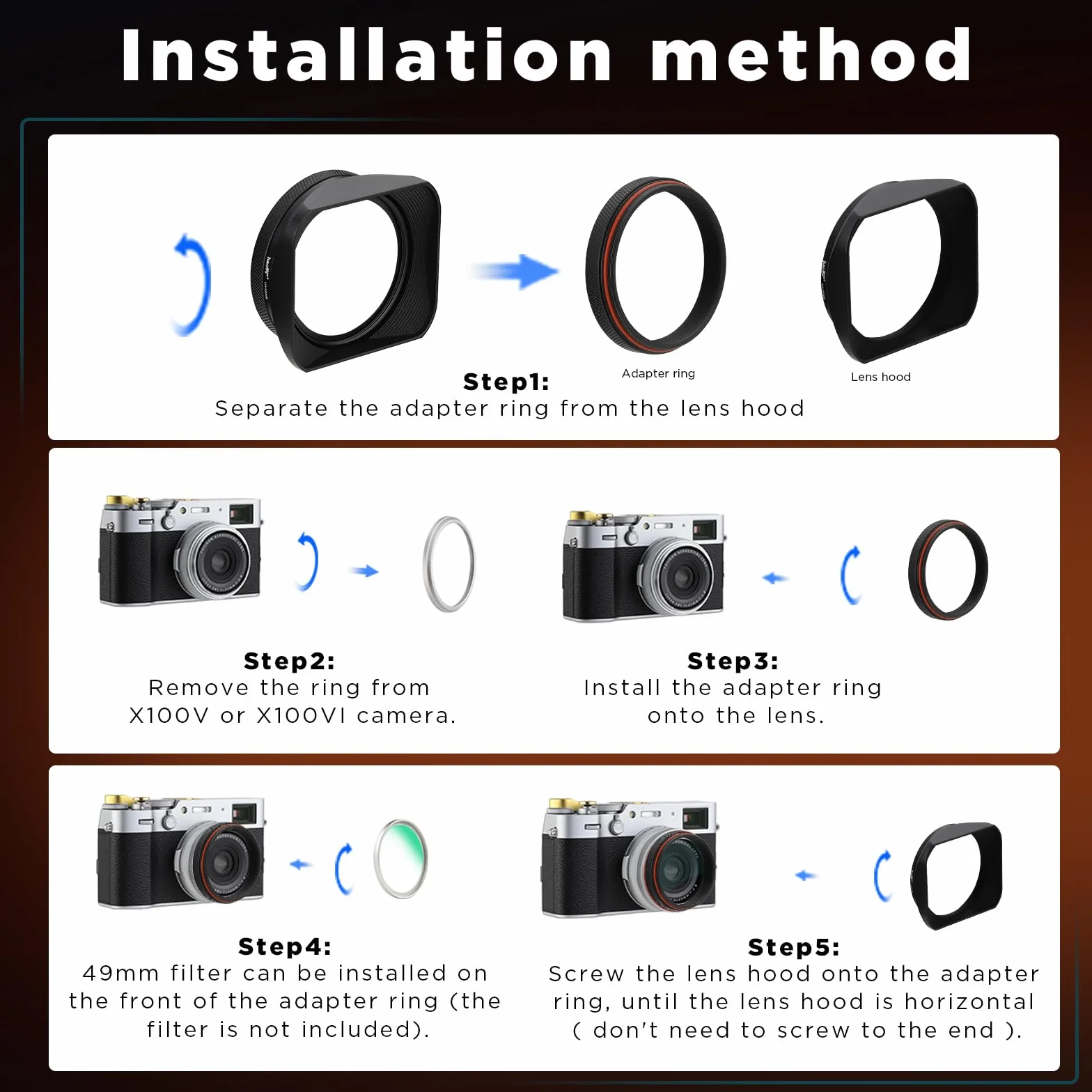 Metalowa kwadratowa osłona obiektywu do aparatu Fujifilm X100VI x100v Fuji akcesoria Haoge LH-X200B z pierścieniem adaptera filtra UV 49 mm i metalowym zestawem nasadek czarna