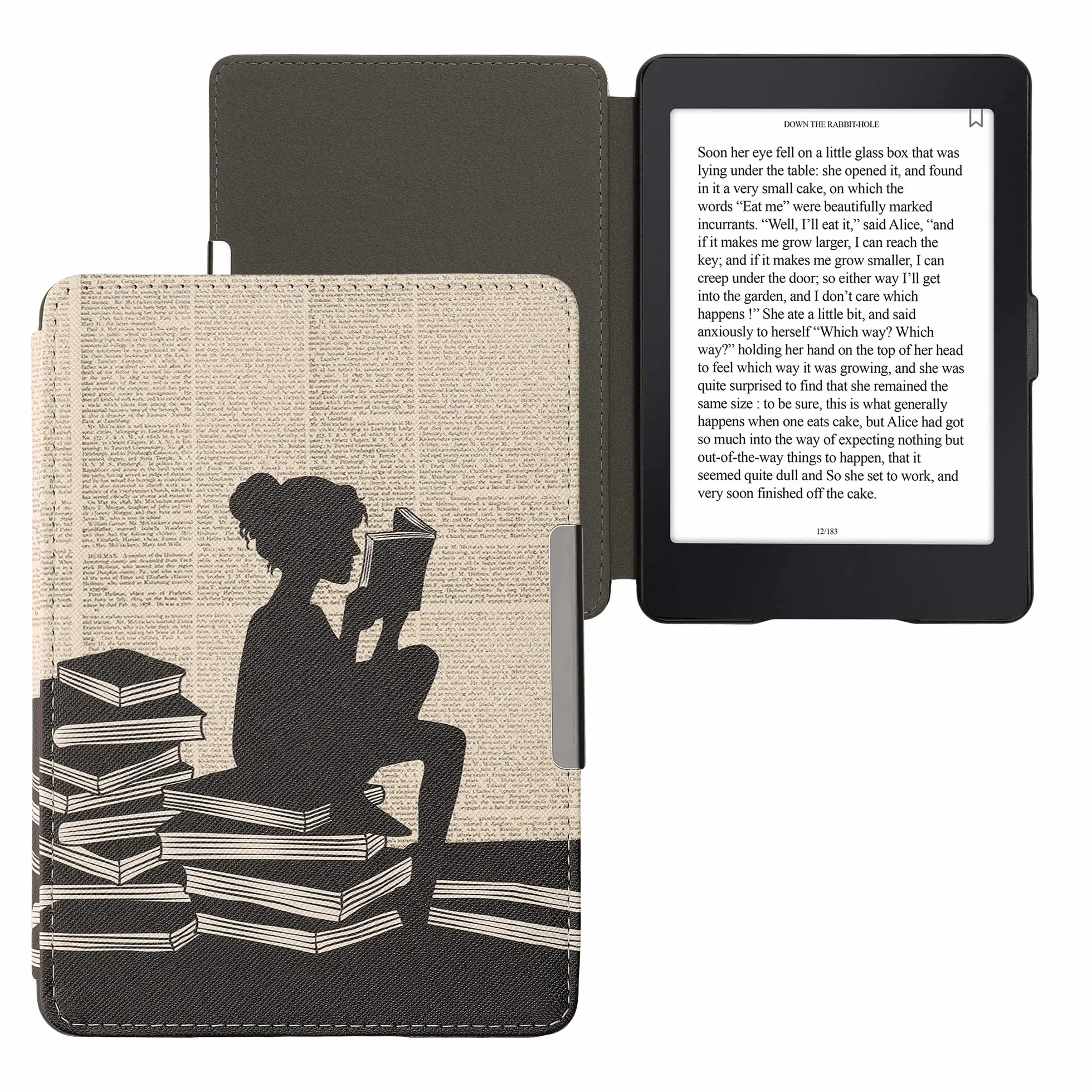 kwmobile Etui z klapką do czytnika e-booków Amazon Kindle Paperwhite (do modeli do 2017) – czytelna kobieta, czarno-beżowe