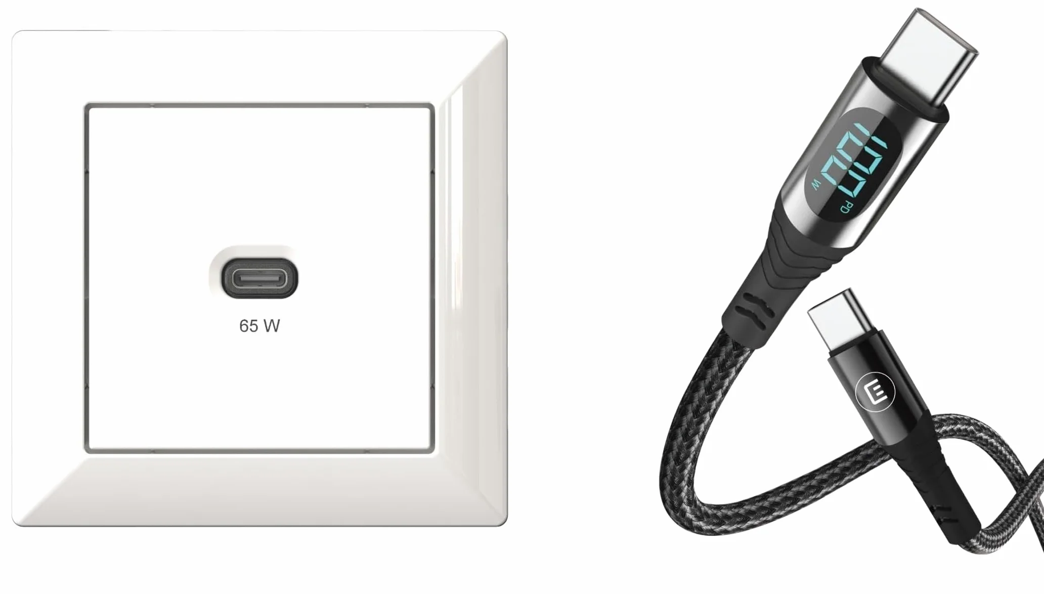 EHMANN 2 w 1 Bundle, wbudowana stacja ładująca USB, ładowarka USB-C 65 W, biały i kabel USB C/C, ładowanie (100 W) + transmisja danych (480 Mbps) + pomiar mocy (wyświetlacz cyfrowy), długość 3 m,
