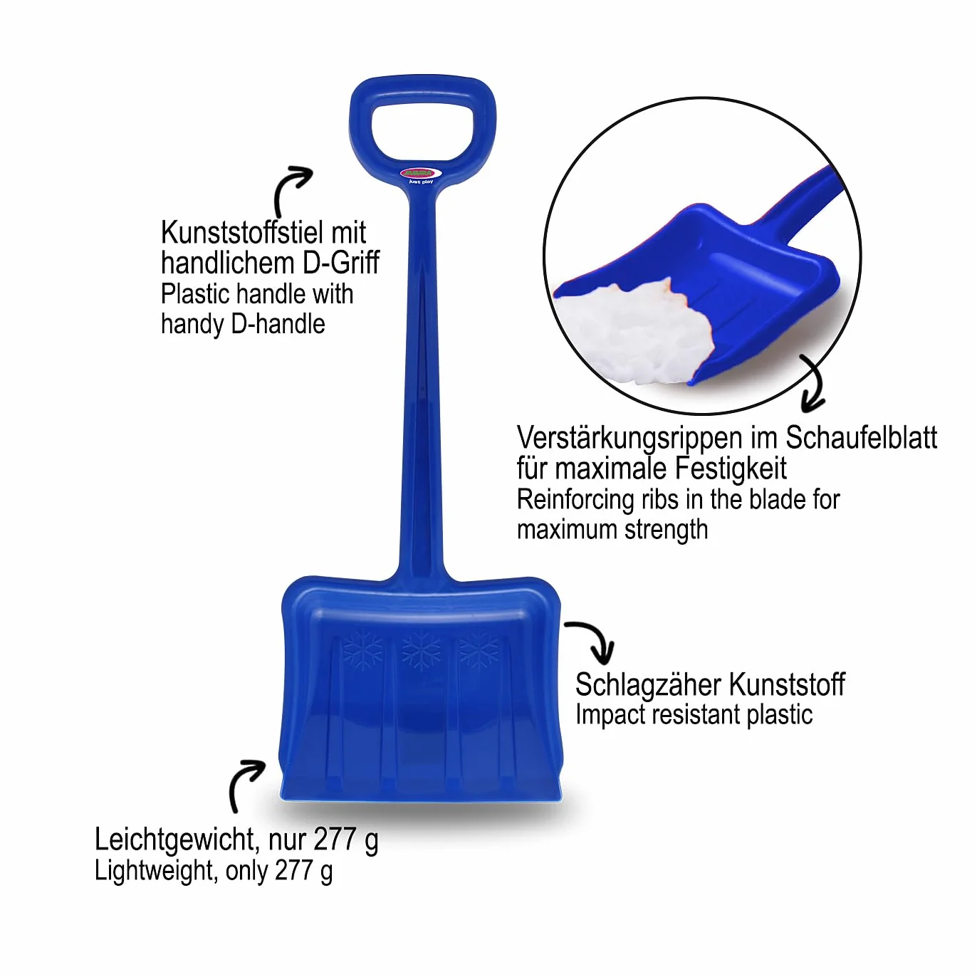 Jamara 460400 niebieska 460400-śnieg, łopata do śniegu, 70 cm, wytrzymała i stabilna, wzmacniające żebra w ostrzu, poręczny uchwyt z tworzywa sztucznego w kształcie litery D