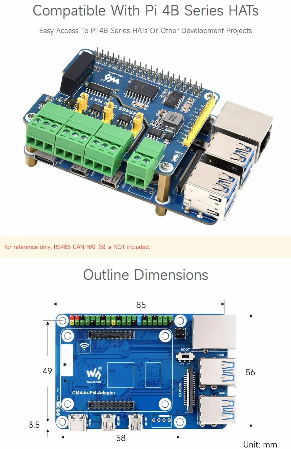 Waveshare CM4-to-Pi4-Adapter for Raspberry Pi CM4, Alternative Solution for Raspberry Pi 4B(Can be used as Pi 4B by combining the adapter with CM4)
