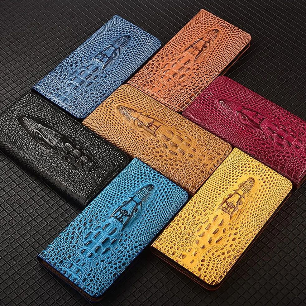 Etui portfelowe do iPhone 17 Pro Max/17 Pro/17 Air/17, etui z prawdziwej skóry, etui z klapką 3D z głową krokodyla z przegródkami na karty, brązowe, 17 ProMax