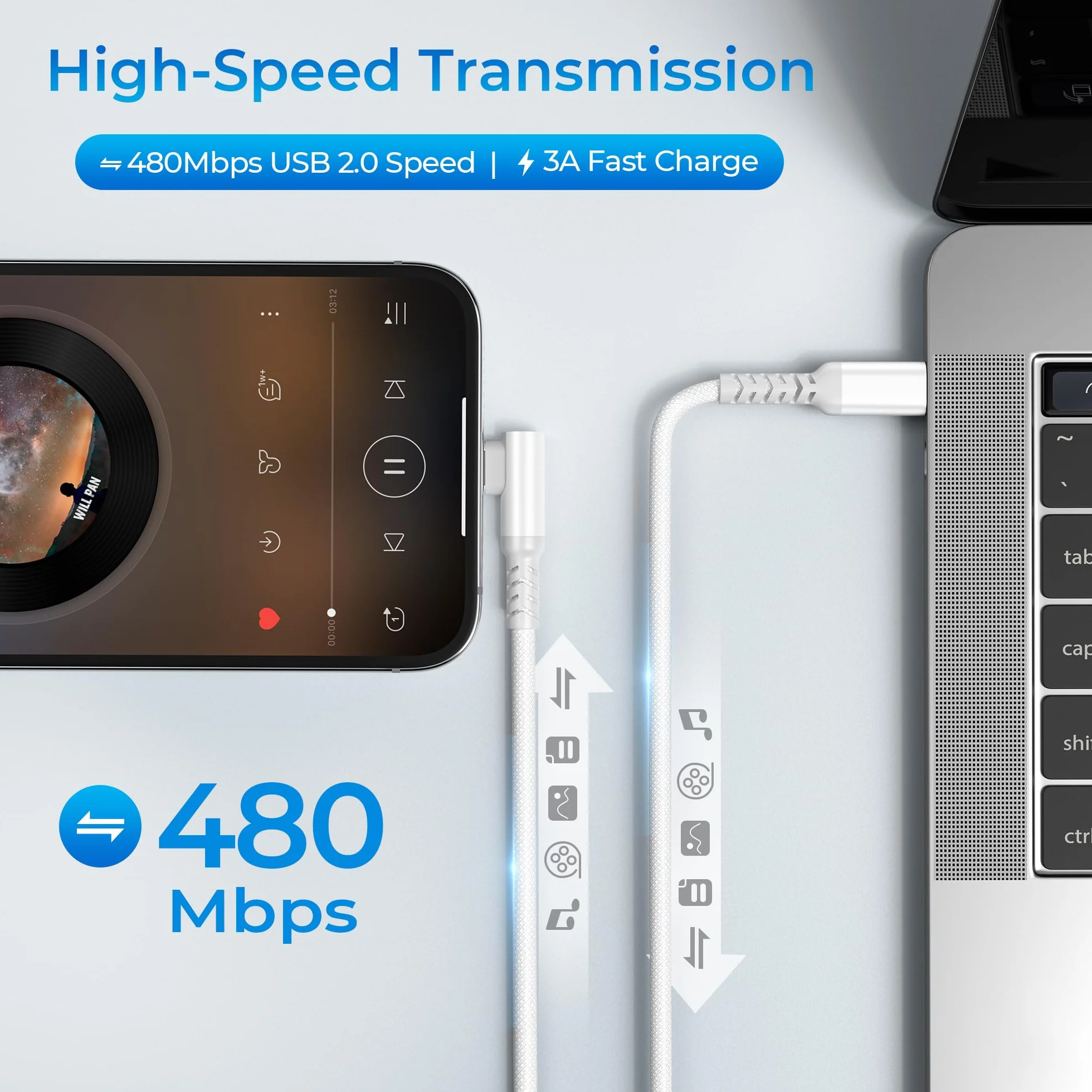 Kabel do ładowania samochodowego iPhone 14 USB-C Lightning 90° 2m szybkie ładowanie PD