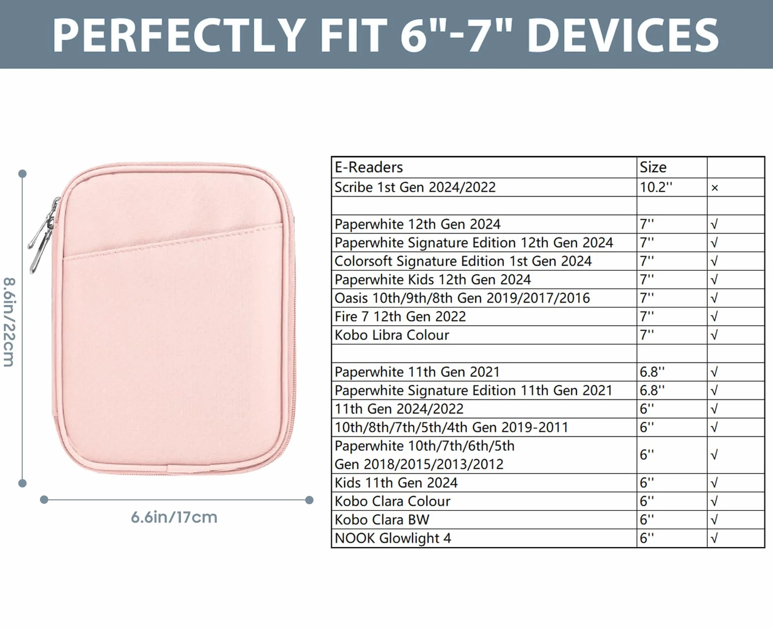 TiMOVO 6-7 Inch Tablet Sleeve for All-New Kindle 2022/10th Gen 2019 /Kindle Paperwhite 11th Gen 2021/Kindle Oasis E-Reader, Protective Case with Pocket for Kindle (8th Gen, 2016), Pink