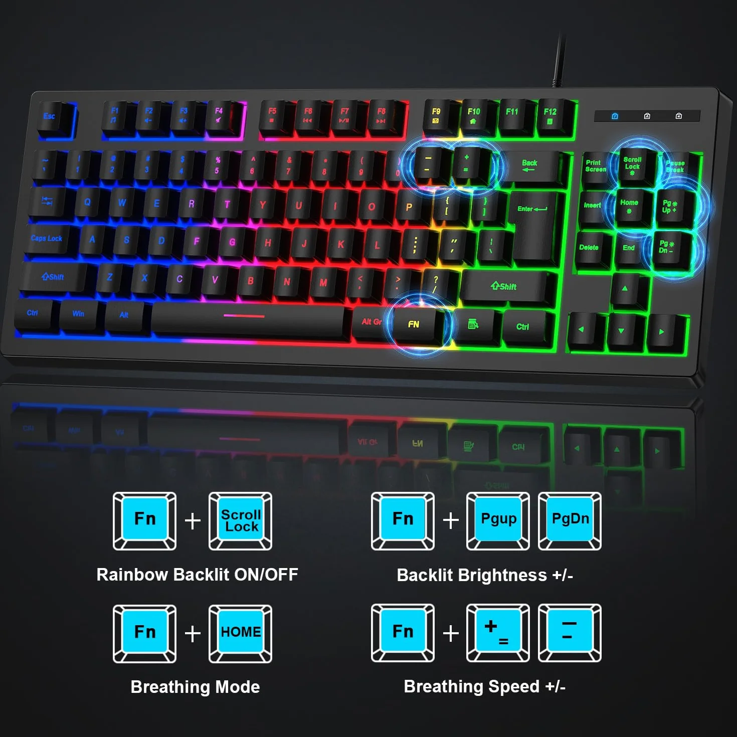 RGB 87 klawiszy, klawiatura do gier i podświetlana mysz, BlueFinger USB przewodowa klawiatura tęczowa, zestaw klawiatury do gier, do laptopa, komputera, komputera, gier i pracy