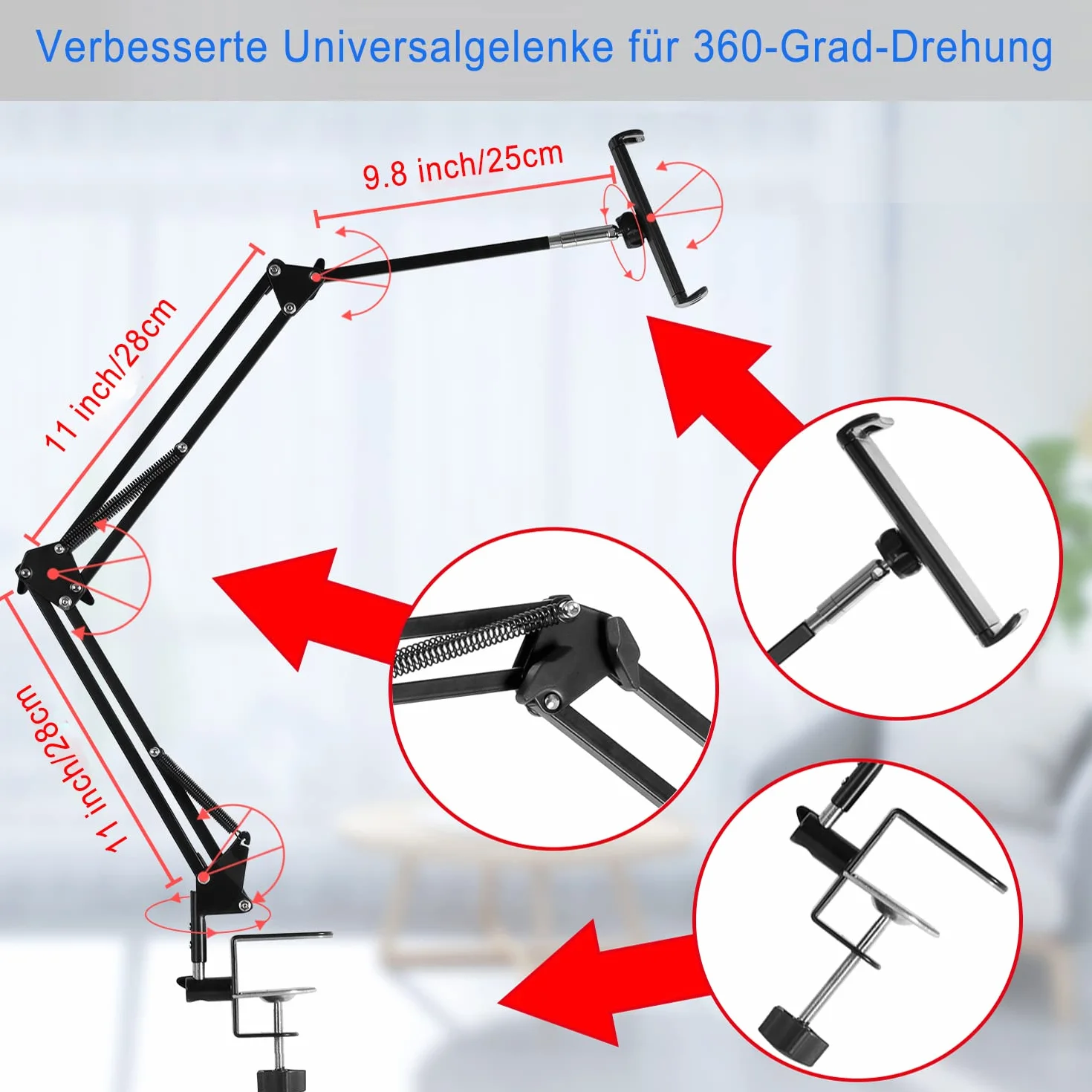 Regulowany stojak na tablet, składany stojak na tablet do łóżka, aluminiowy, uniwersalny, elastyczny uchwyt na tablet z obrotem o 360 stopni, do iPada/iPhoneX/iPada Pro/N-Switch lub innych urządzeń o