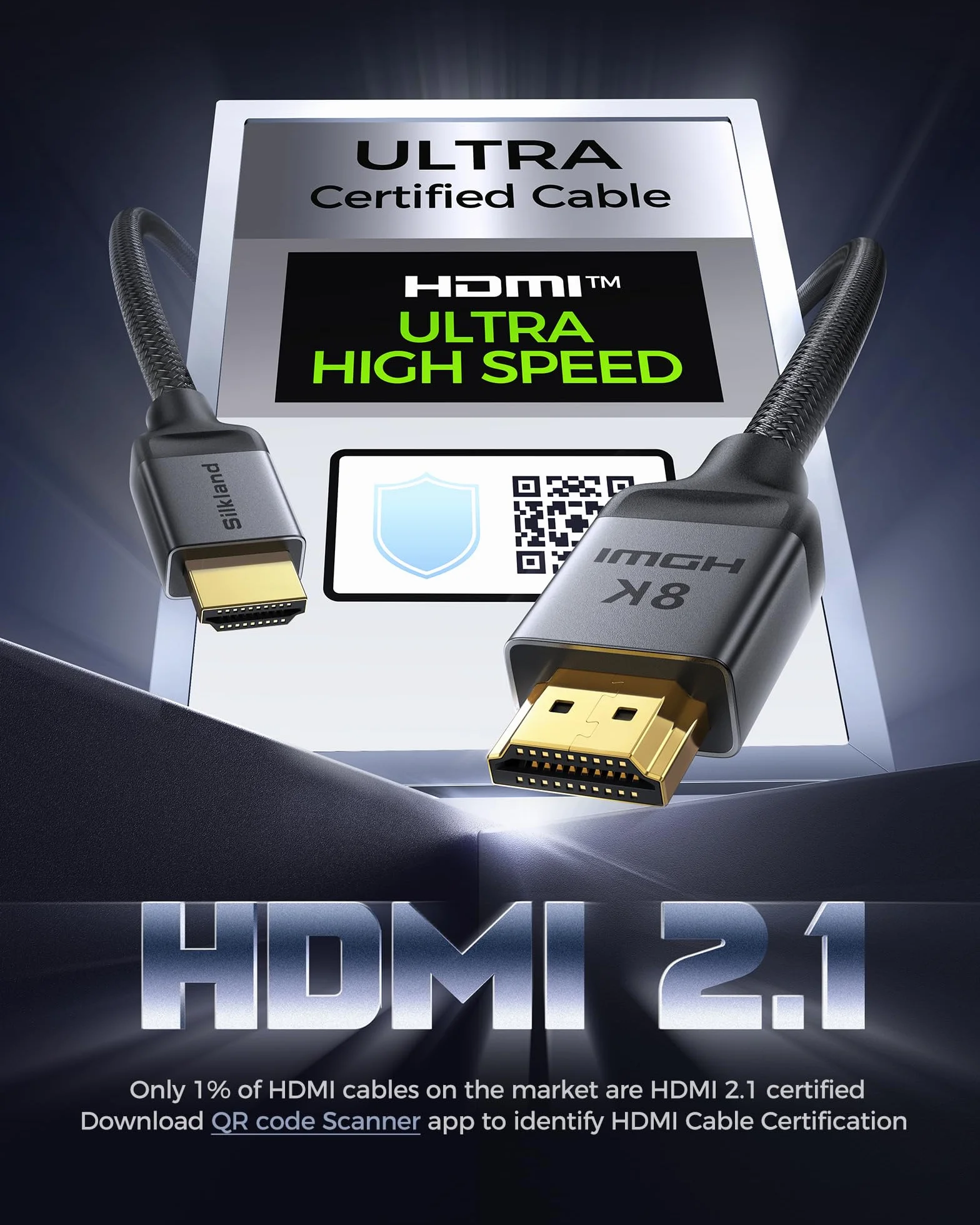 Silkland 10K 8K Kabel HDMI 2.1 2M, Certyfikowany Kabel HDMI® 2.1 4K@144Hz/120Hz 8K@60Hz, eARC, HDR10, Dolby Atmos, 48Gbps, HDCP2.3 do HDTV/Soundbar/PS5/Blu-Ray/Switch/Projector/Laptop/TV Box/PC