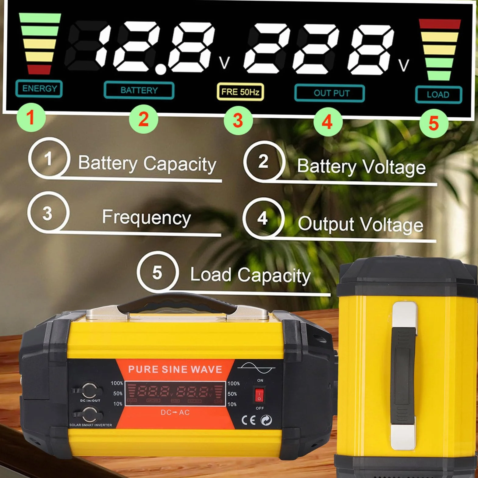 Keenso Przetwornica Napięcia, ABS Przetwornica Czystej Fali Sinusoidalnej 12 V do 220 V 500 W z Wyświetlaczem LCD 2 Gniazda Prądu Przemiennego 2 Porty USB Porty Szybkiego ładowania do Podróży