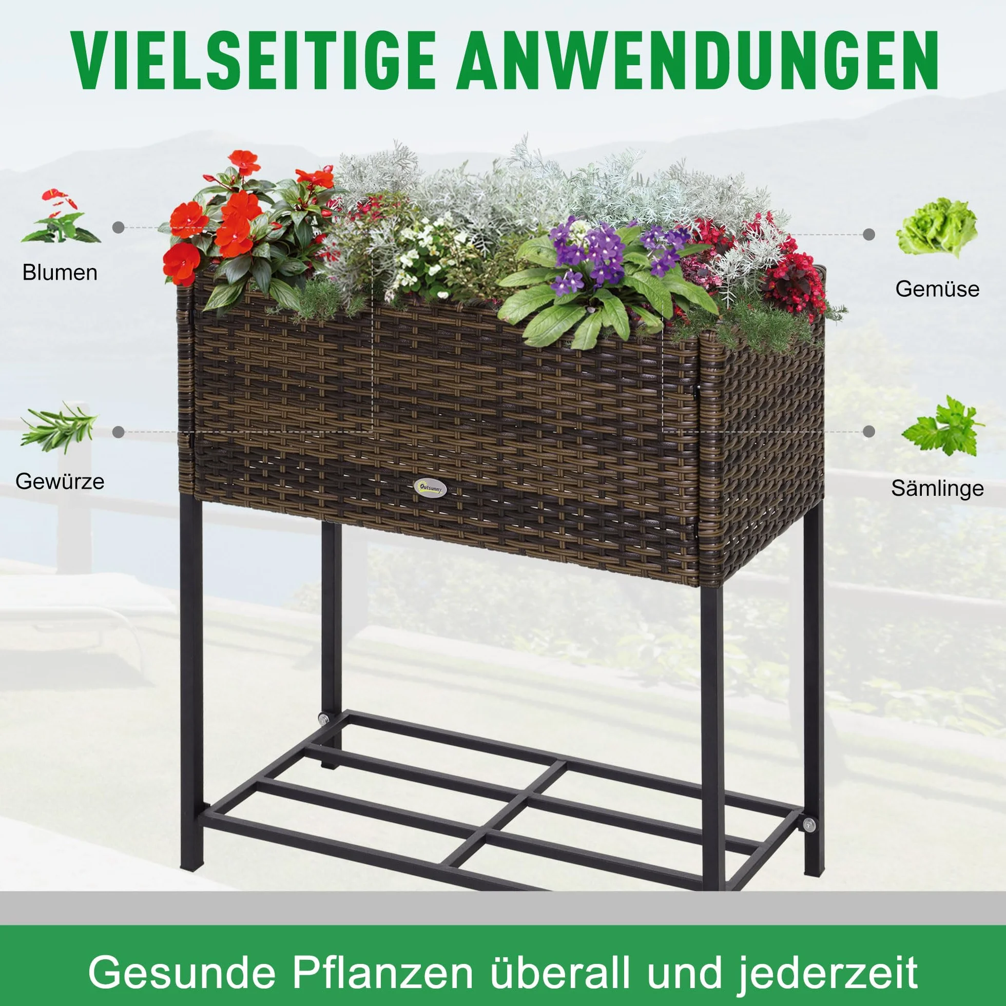 Outsunny podwyższona grządka z technorattanu skrzynka na kwiaty z nóżkami donica z półką kolor brązowy 70 x 30 x 70 cm