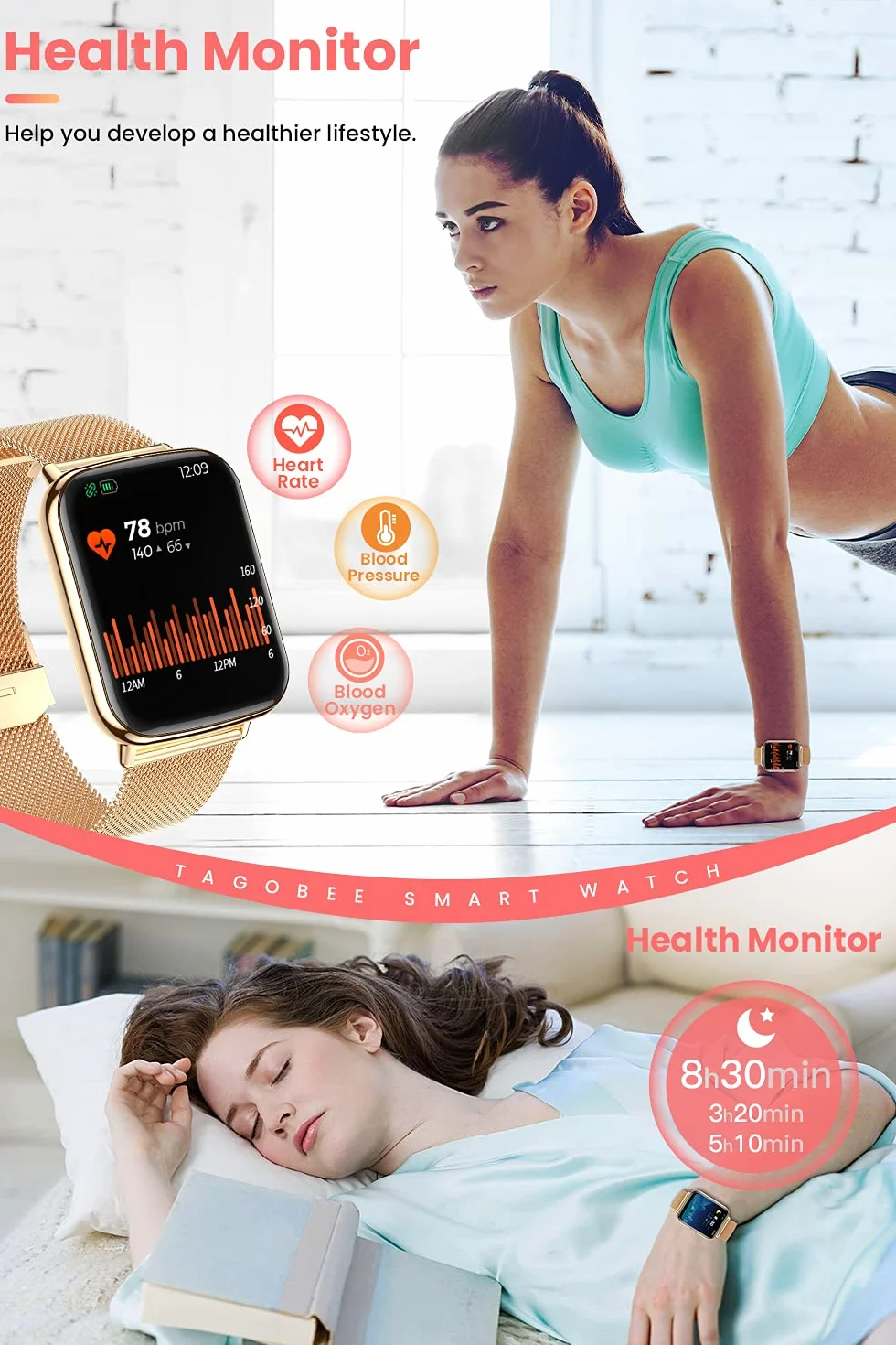 Inteligentny zegarek dla kobiet mężczyzn zegarek fitness IP68 wodoodporny zegarek z pulsometrem, monitor snu, monitor aktywności, krokomierz, zegarek 1,7 cala, pełny ekran dotykowy, smartwatch dla systemu Android iOS