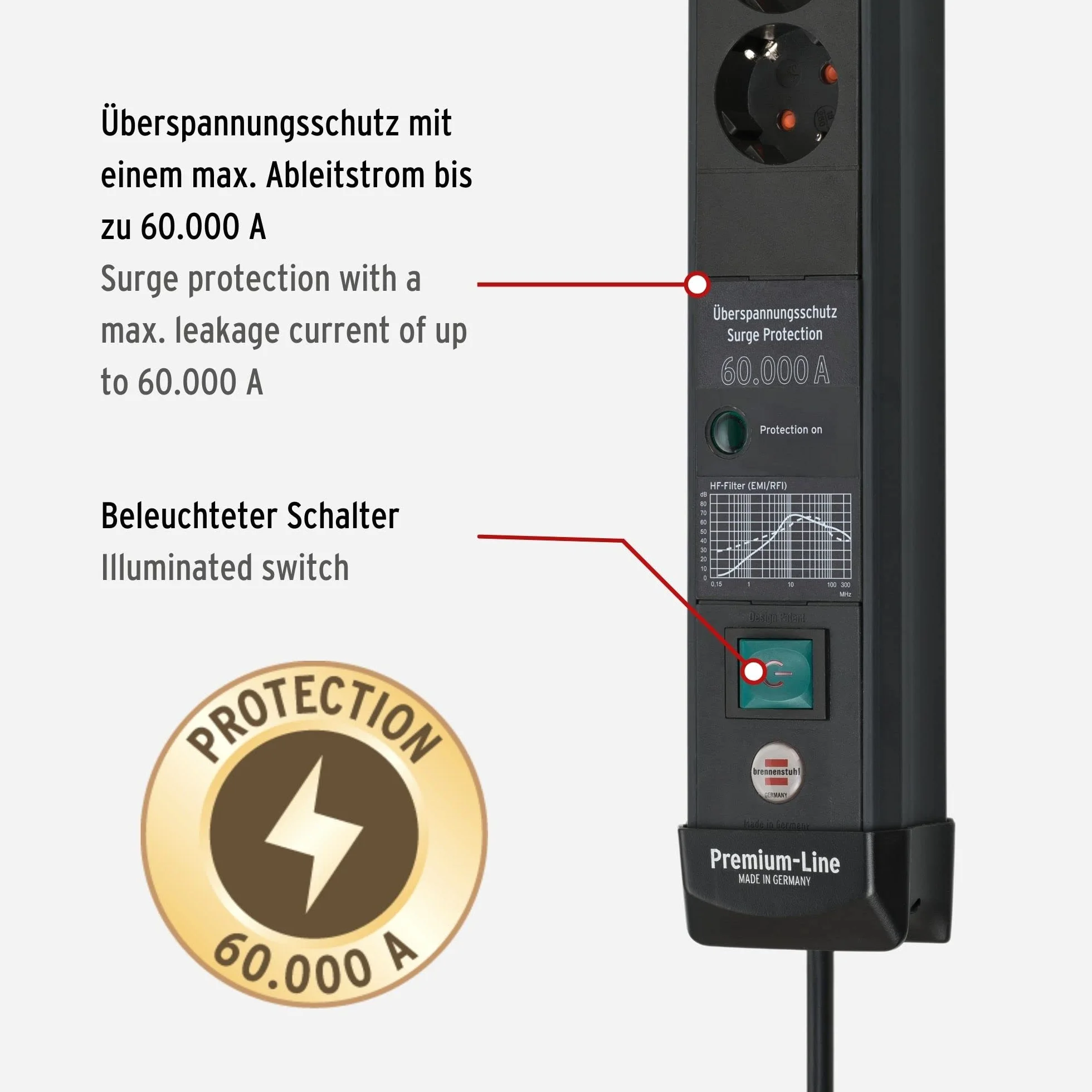 Brennenstuhl Listwa zasilająca Premium-Line z 6 gniazdami z ochroną przed przepięciem do 60 000 A (gniazdko wielokrotne z przełącznikiem i kablem 3 m, listwa zasilająca, montaż ścienny, Made in