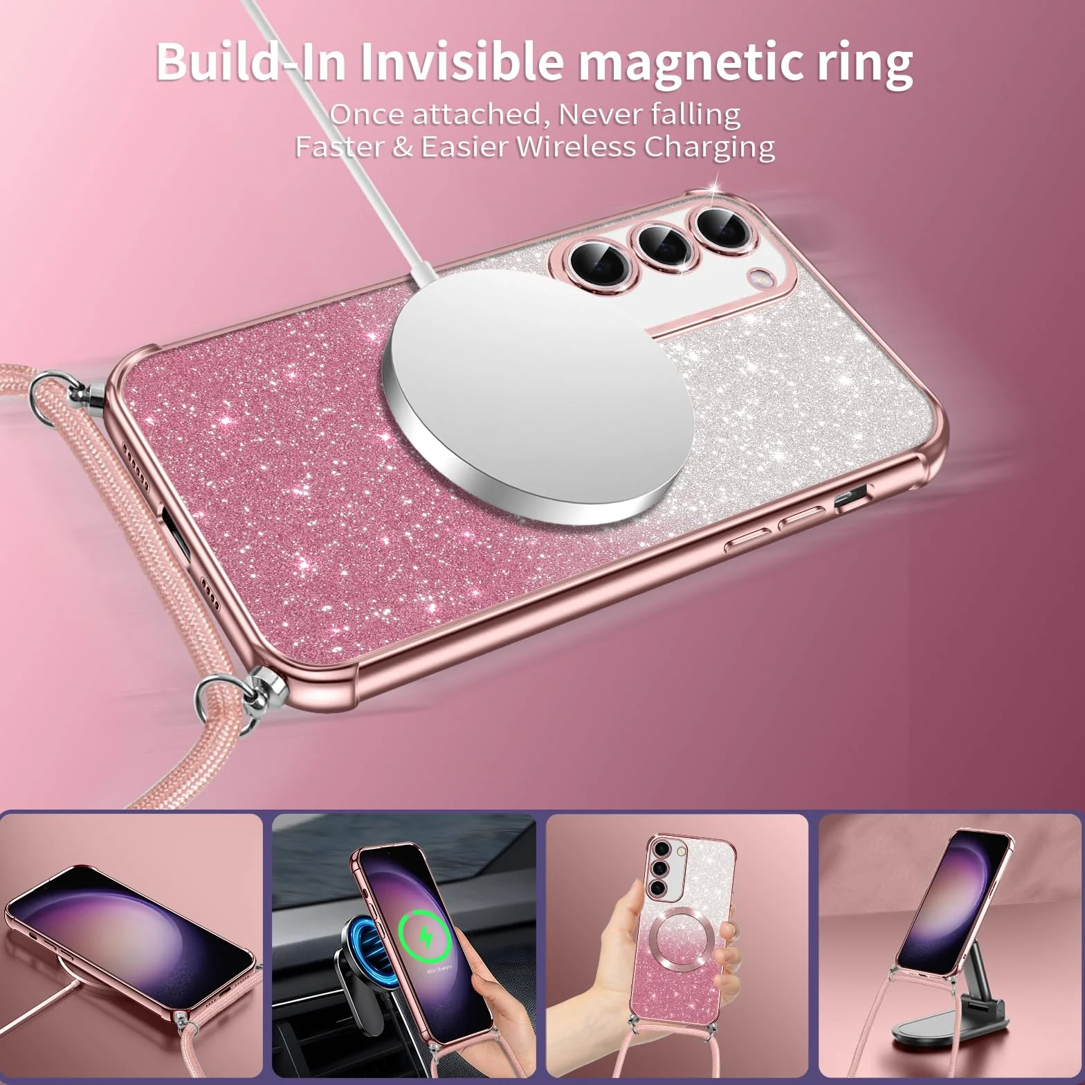 Phoona Etui z łańcuchem na telefon komórkowy do Samsunga Galaxy S23 Plus 5G z paskiem [Kompatybilne z MagSafe], luksusowe etui z błyszczącym powłokiem magnetycznym do Samsunga S23 Plus 5G, ochronne