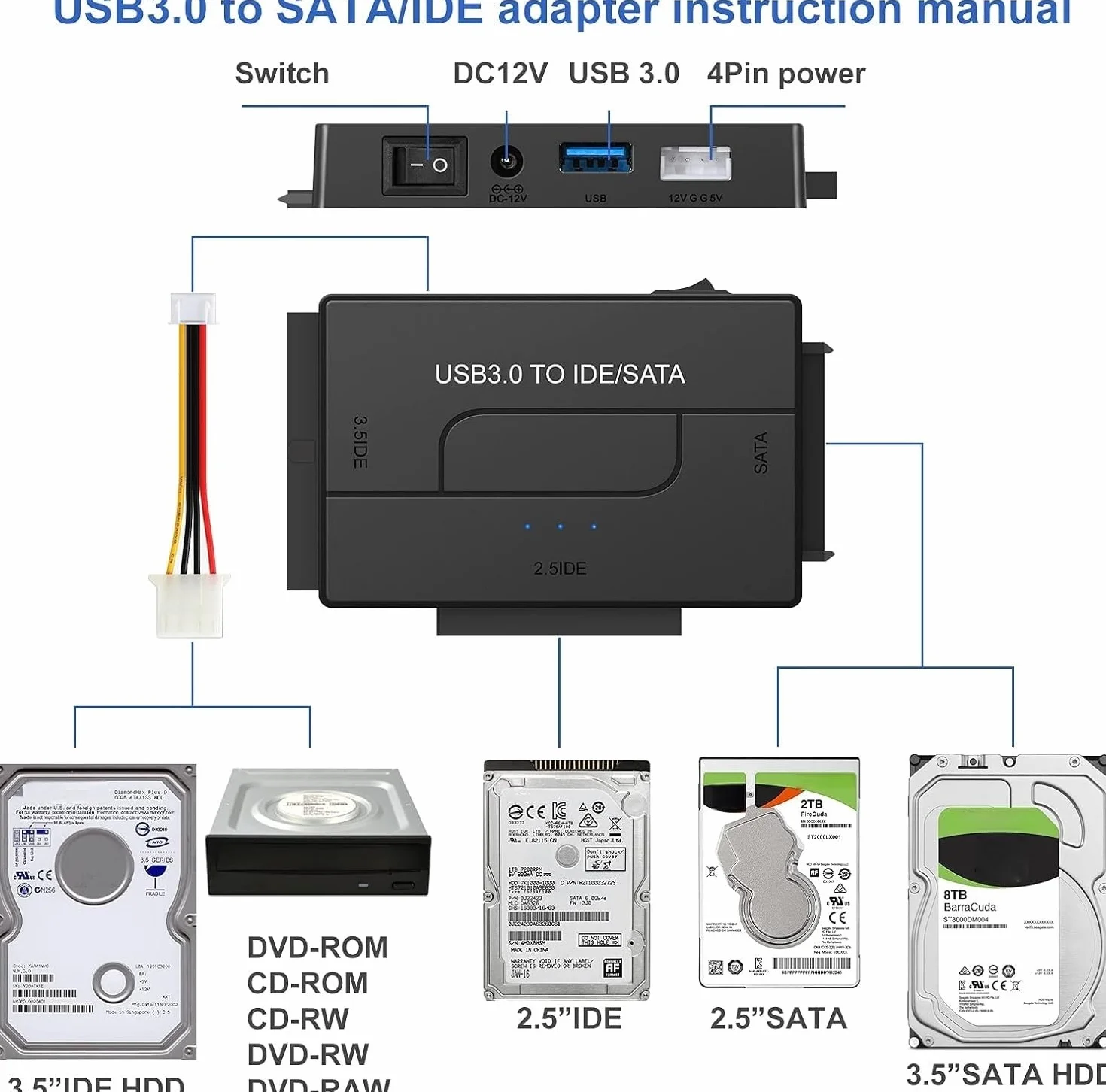 Czytnik dysków twardych USB 3.0 na SATA IDE, zewnętrzny dysk twardy Ultra Recovery Converter Uniwersalny zestaw adapterów do dysku twardego 2,5/3,5 HDD/SSD, zawiera zasilacz 12 V/2 A