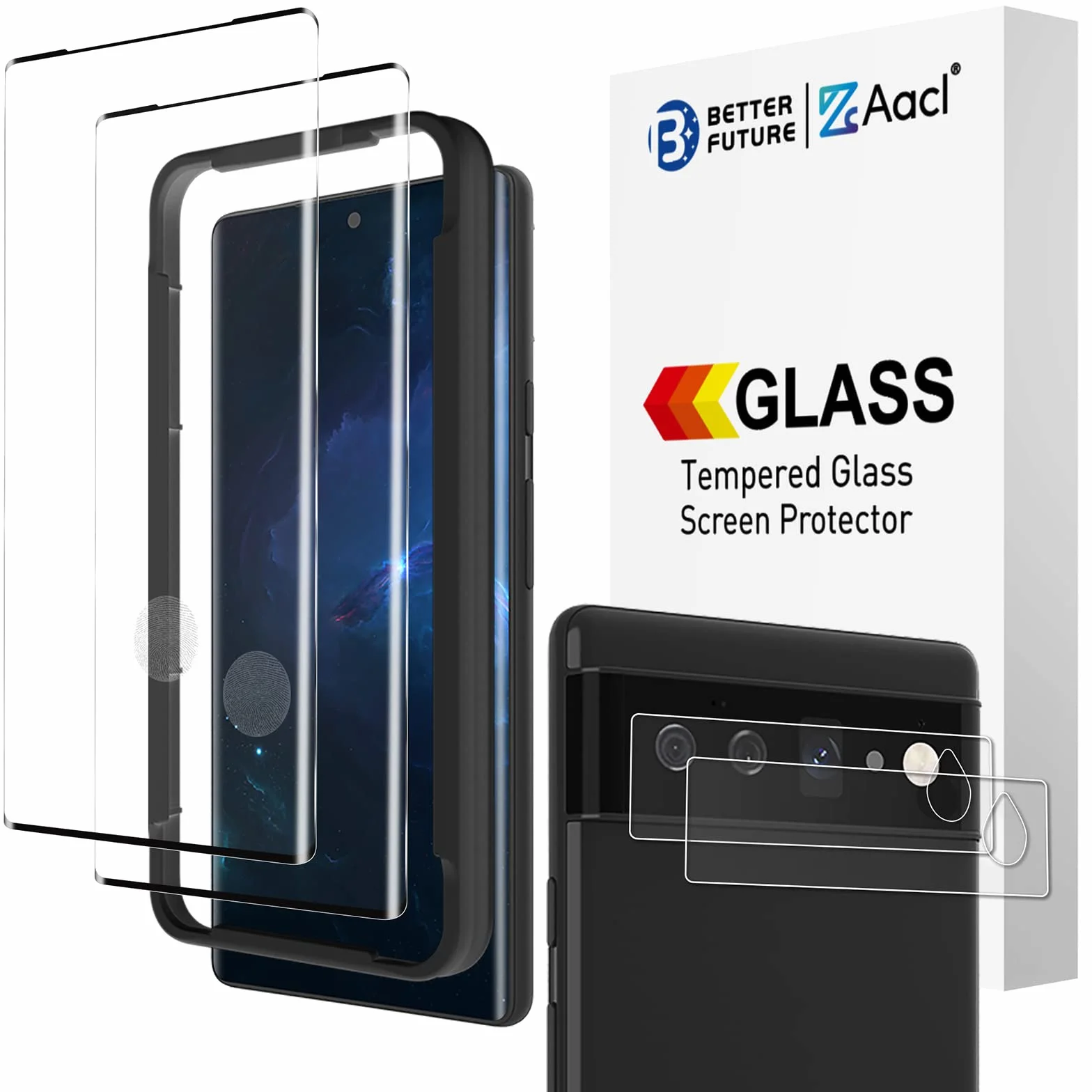 [Kompatybilne z odciskami palców] 2-pak hartowanego szkła 3D do Google Pixel 6 Pro ochraniacz ekranu + 2-pak osłony obiektywu aparatu, odblokowanie odcisków palców] [odporne na zarysowania] [praca z etui]