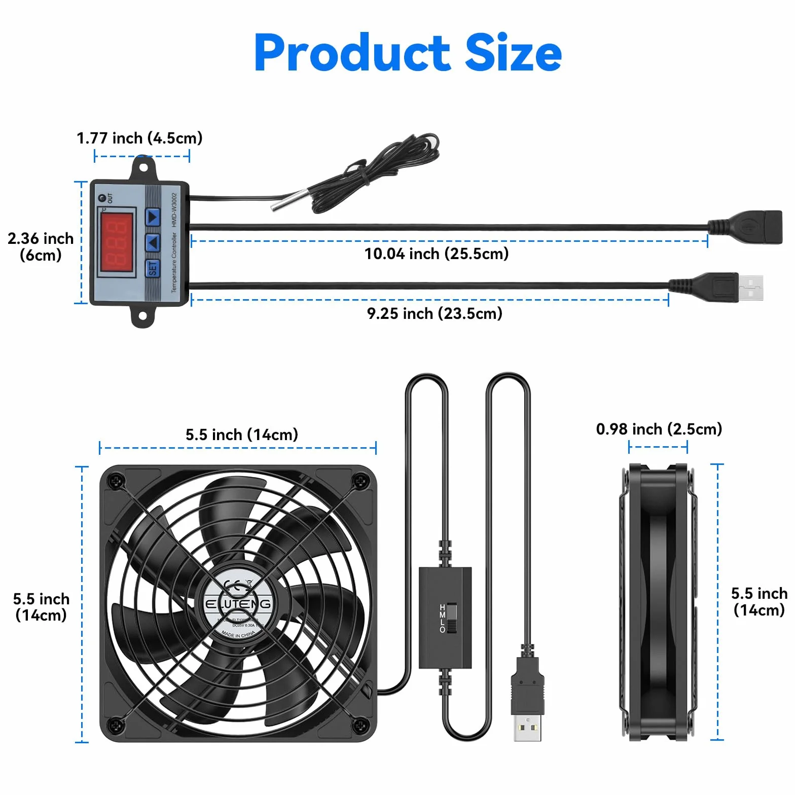 Wentylator USB ELUTENG 140 mm z cyfrowym regulatorem temperatury, wentylator komputerowy 14 cm Trzy prędkości regulowany wentylator chłodzący USB 5 V do PS5/PS4/laptopa/TV Boxa/Routera/odbiornika