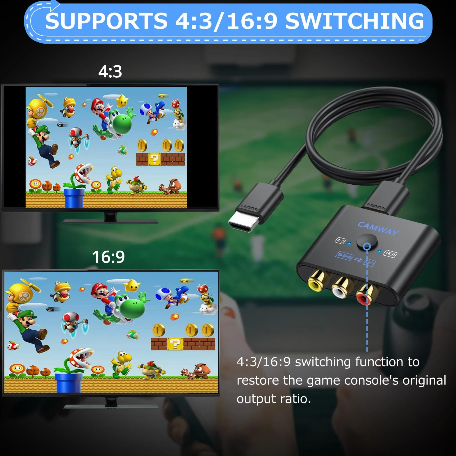 CAMWAY Konwerter RCA na HDMI 1080P AV na HDMI Adapter Kompozytowy CVBS PAL NTSC Wii PS1 PS2 N64 Xbox