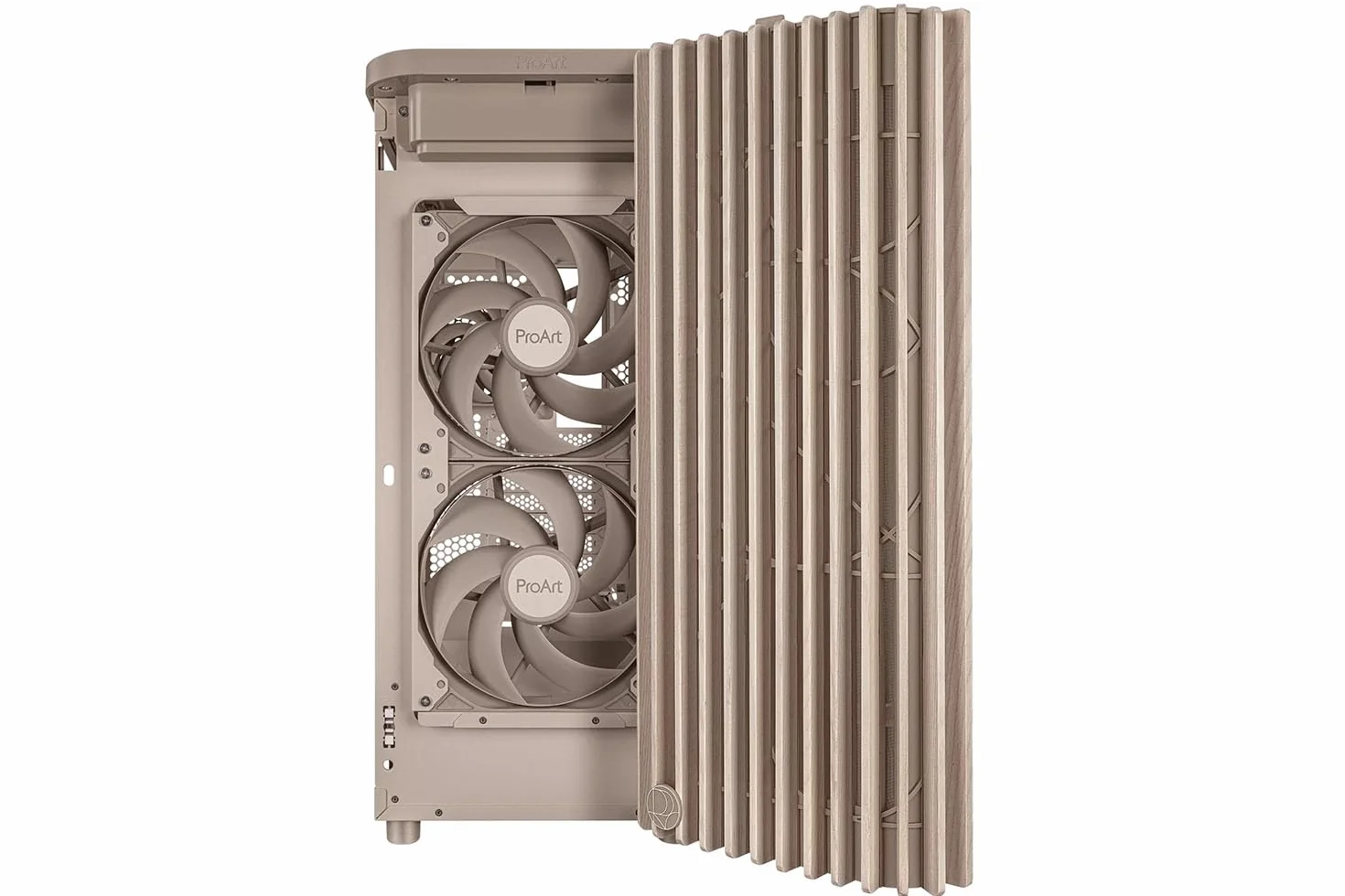 ASUS ProArt PA401 Wood Edition - Obudowa ATX z panelem siatkowym, kompatybilna z procesorem graficznym 314 mm, kompatybilna z chłodnicami 240 mm, dwa wentylatory 160 mm, zdejmowany uchwyt zasilacza
