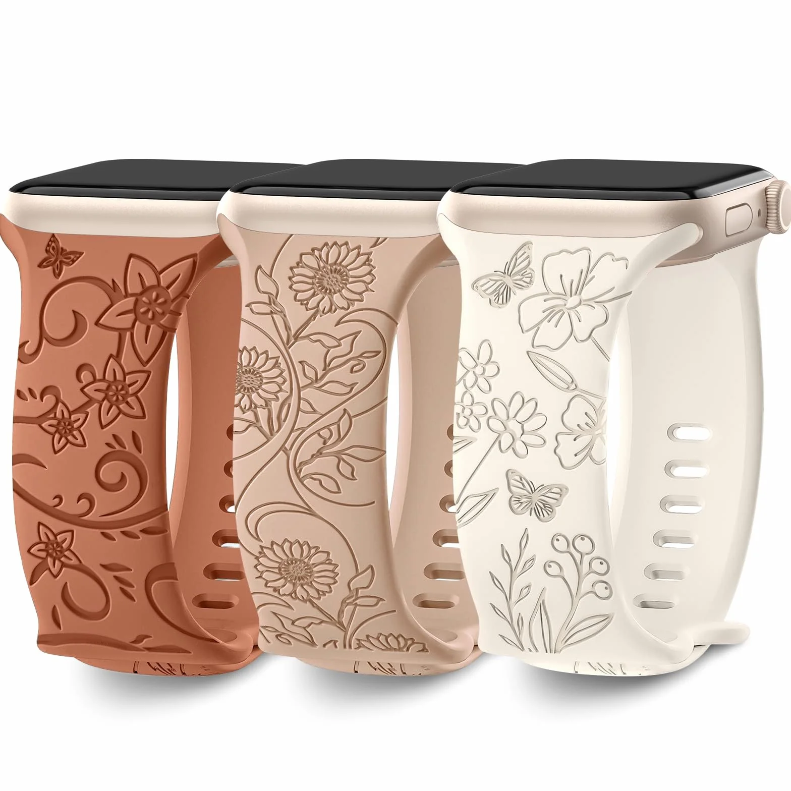 AMSKY Silikonowy pasek zastępczy do Apple Watch, 3 sztuki, z motywem kwiatowym, kompatybilny z Apple Watch 40 mm, 41 mm, 44 mm, 45 mm, 38 mm, 42 mm, 49 mm, dla kobiet, silikonowy pasek zastępczy,