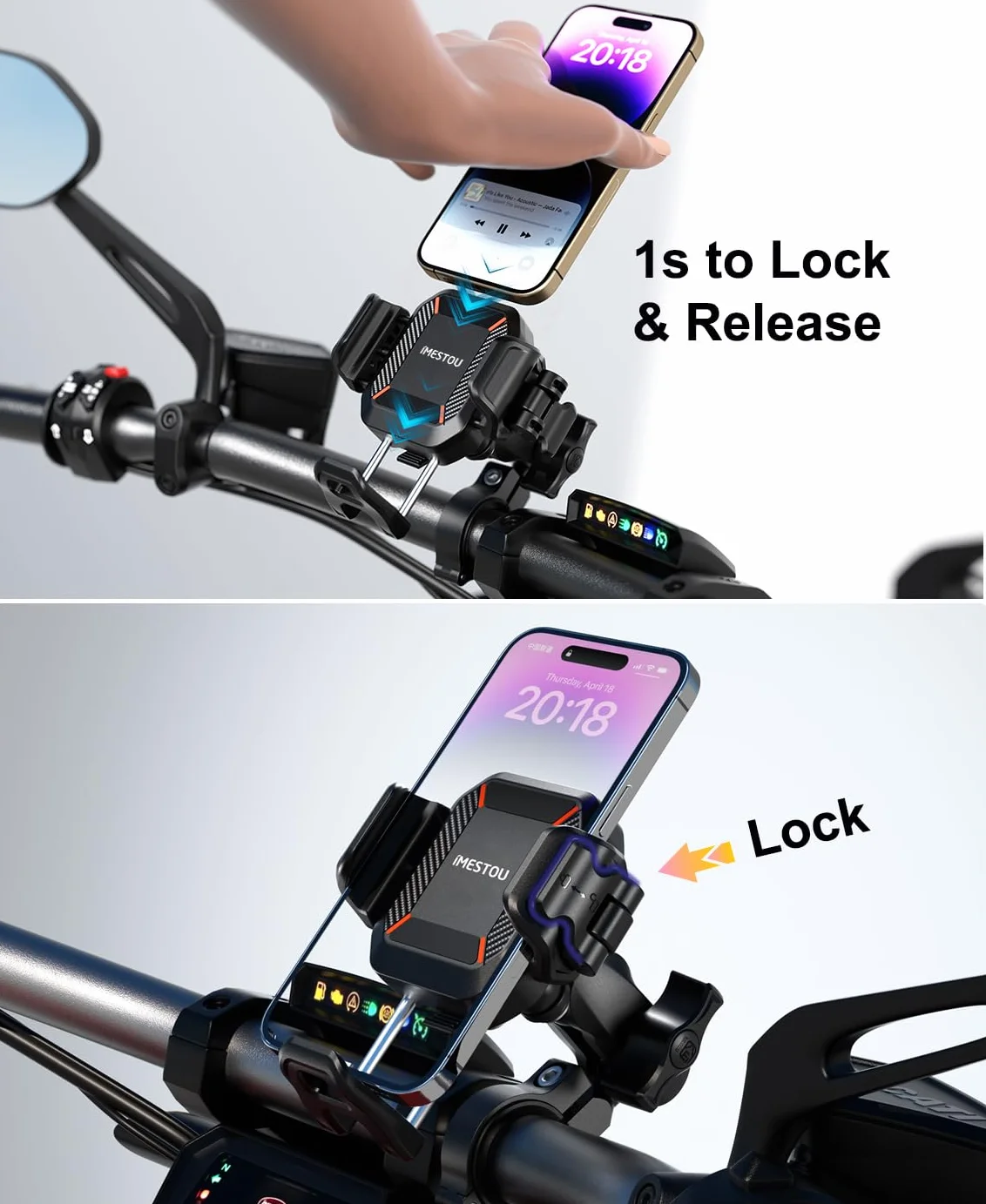 iMESTOU Antywibracyjny uchwyt na telefon do motocykli i rowerów z amortyzatorami i konstrukcją antykradzieżową, uchwyt na telefon kulkowy 2.5 cm nadaje się do telefonów o grubości 13.2 cm-18.3 cm do