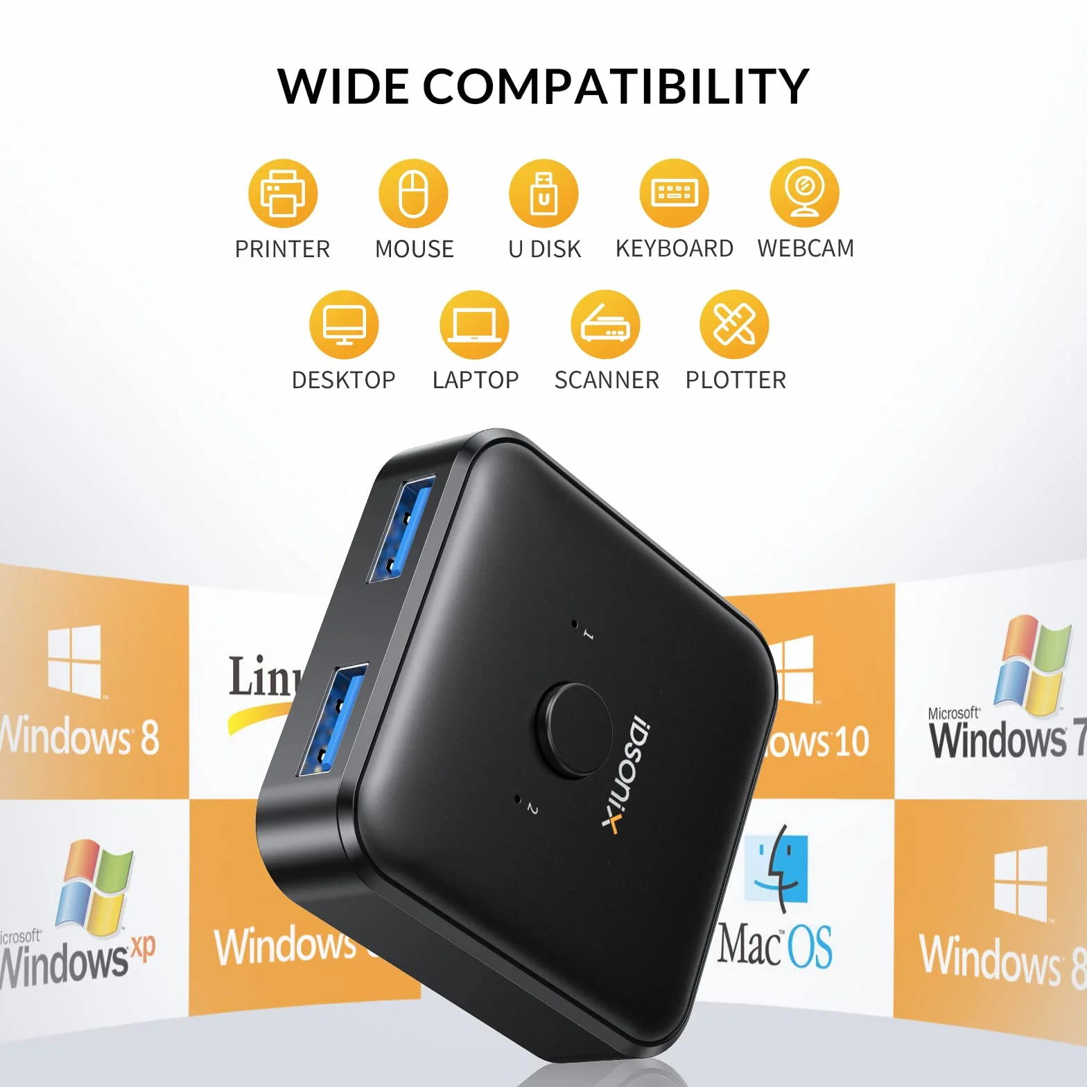 iDsonix USB 3.0 przełącznik przełącznika, wyjście USB 2 w 1 (1 w 2 Wyjście) dwukierunkowy 2 Przełącznik USB do PC, drukarki, skanera, klawiatury