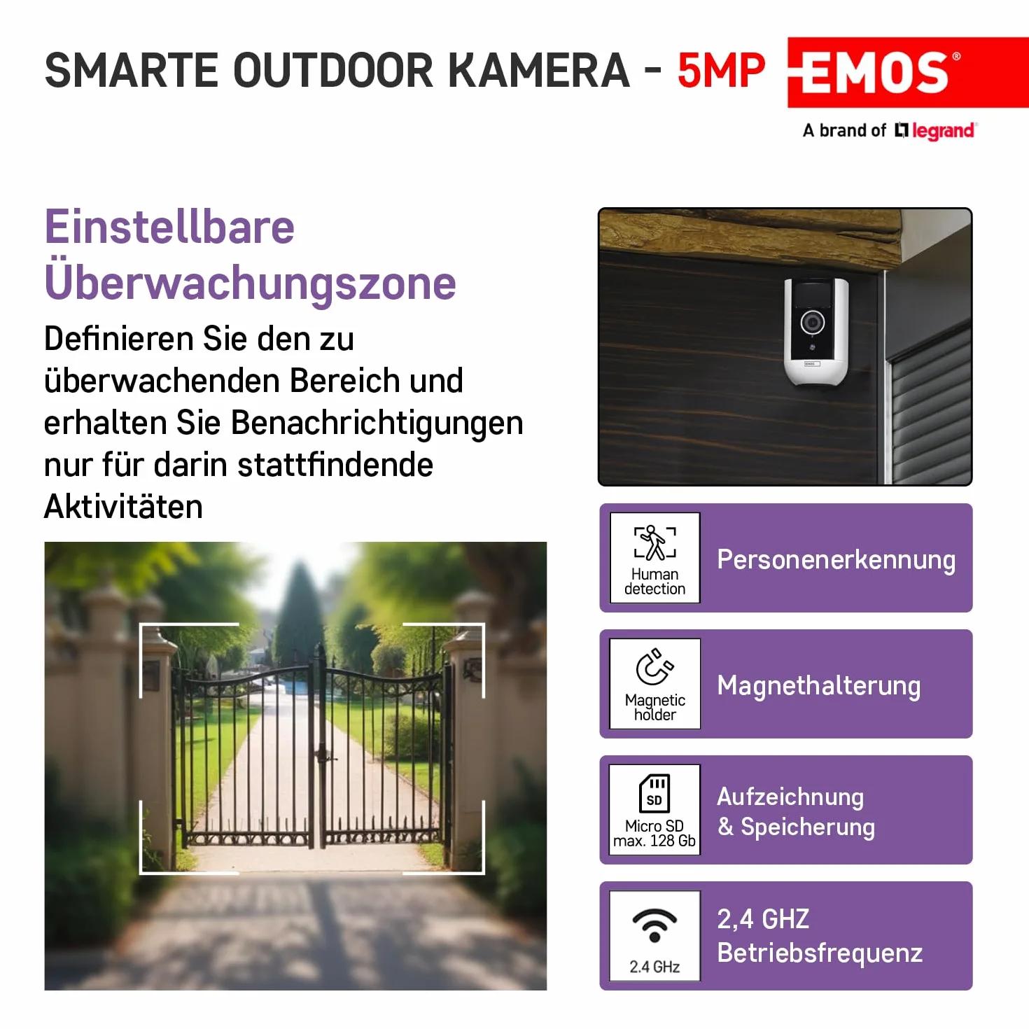 EMOS GoSmart kamera do monitoringu wewnątrz i na zewnątrz, 5 MP, uniwersalna kamera WLAN IP z aplikacją, wykrywanie ruchu, widoczność w nocy, akumulator, kompatybilna z Google Assistant i Alexa -