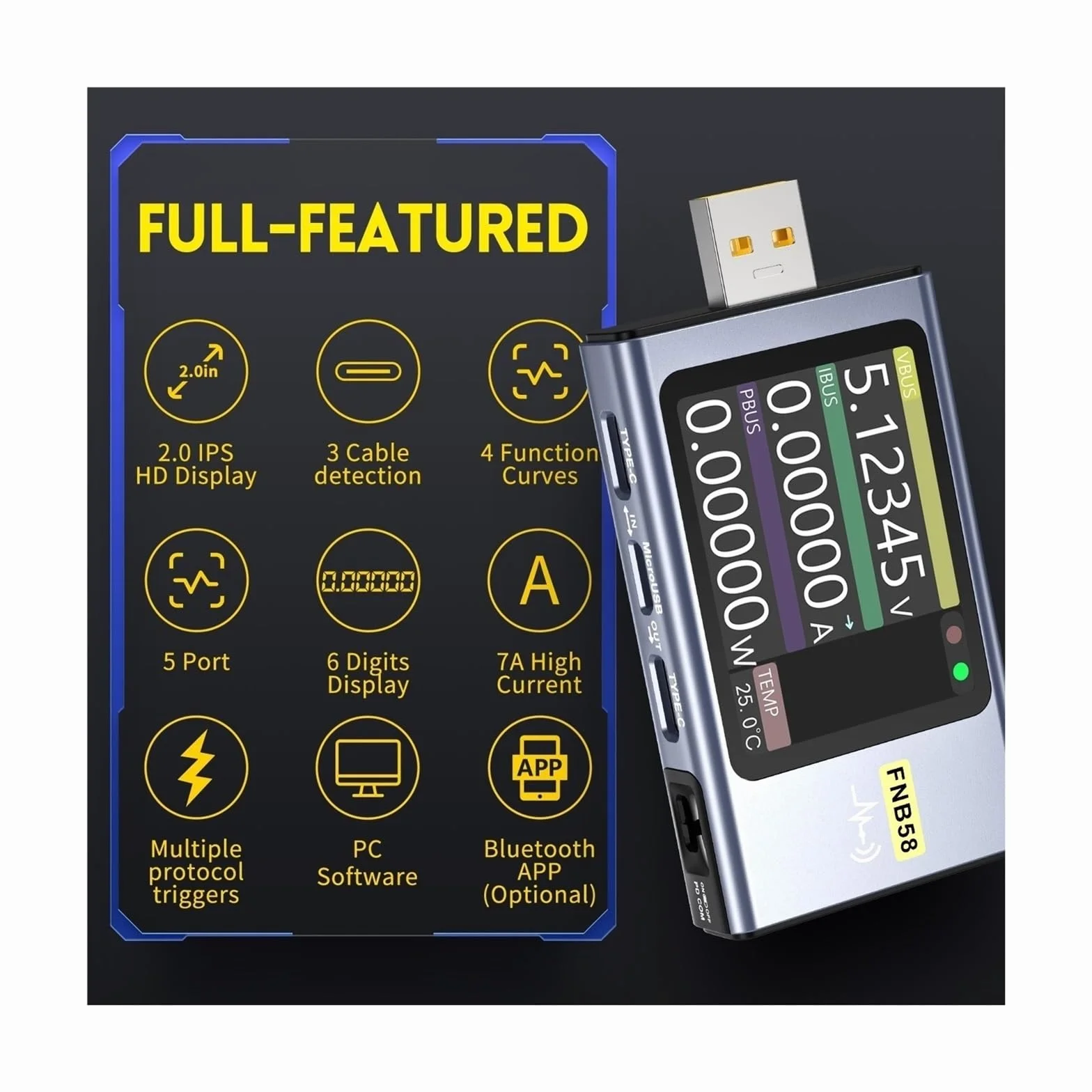 Tester USB, FNB58 Woltomierz cyfrowy Amperomierz Woltomierz prądu Tester USB Wskaźnik napięcia Profesjonalne narzędzia dla elektryków(Without Bluetooth)