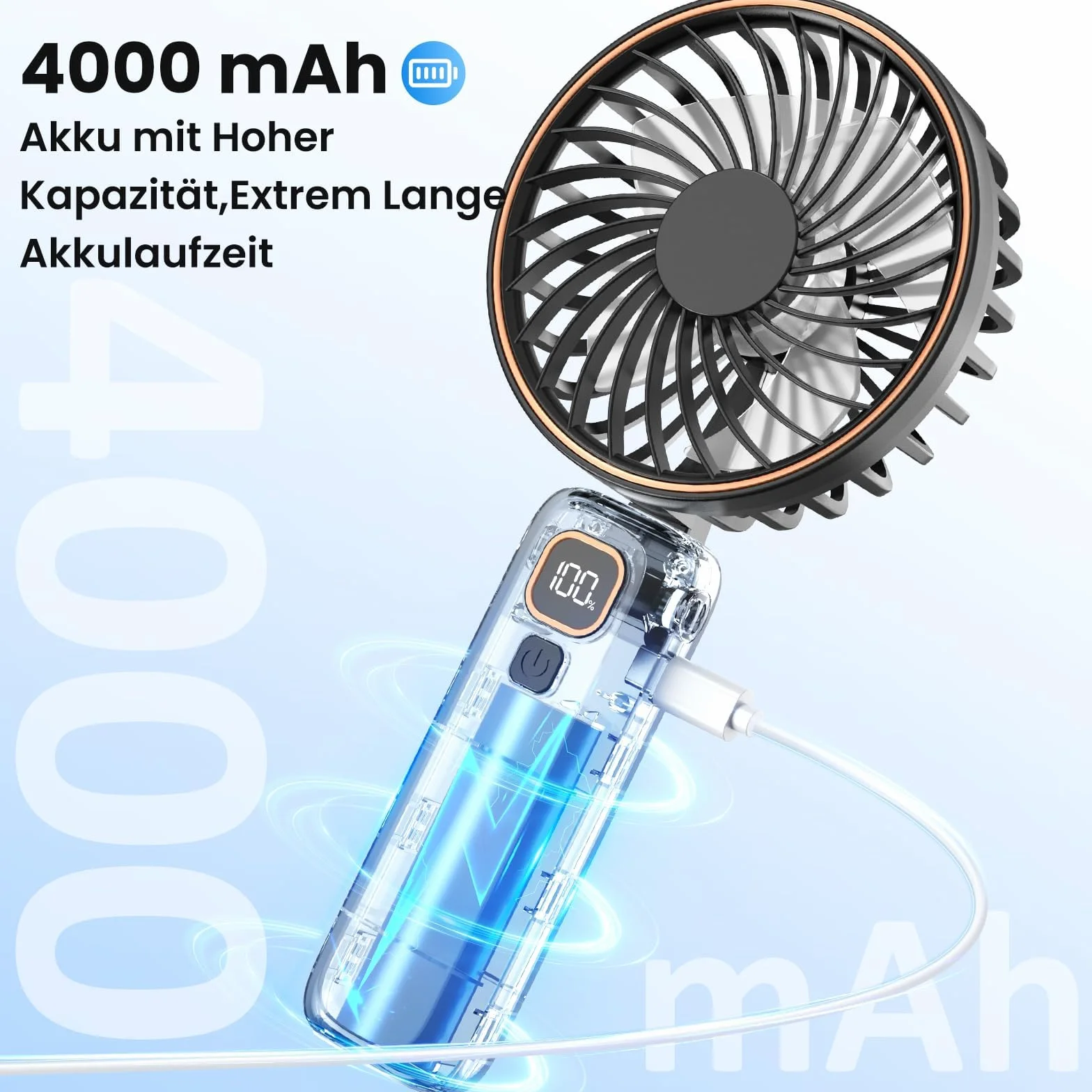 Mini wentylator, przenośny wentylator 4000 mAh, 6-biegowy cichy wentylator USB, 24 godziny autonomii, składany wentylator biurkowy do biura, podróży, na zewnątrz, na zajęcia (czarny)