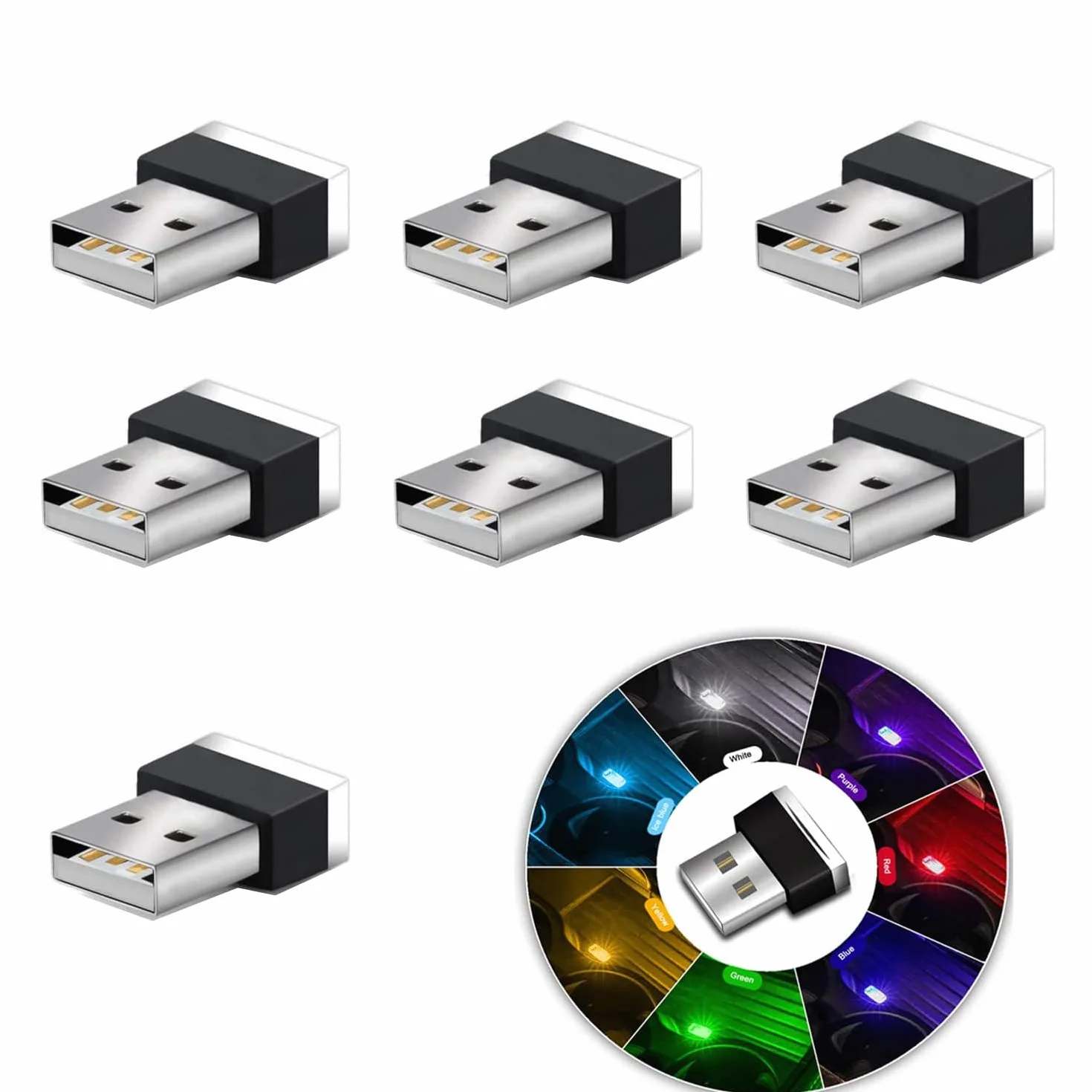 Oświetlenie otoczenia wnętrza samochodu LED, 7 szt., mini lampki USB, do wnętrza samochodu, tylnej klapy laptopa, lampki nocne, uniwersalne 5 V, 7 kolorów