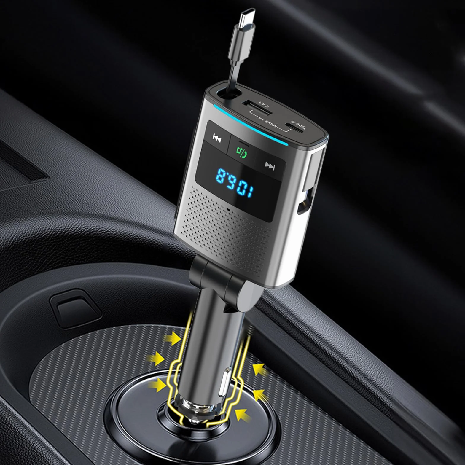 Adapter samochodowy 80,5 W, Bluetooth 5.3, 3 w 1, do gniazda zapalniczki samochodowej, USB i FM z wysuwanym kablem typu C, 24 V/12 V, adapter USB do samochodu z zestawem głośnomówiącym do iPhone'a