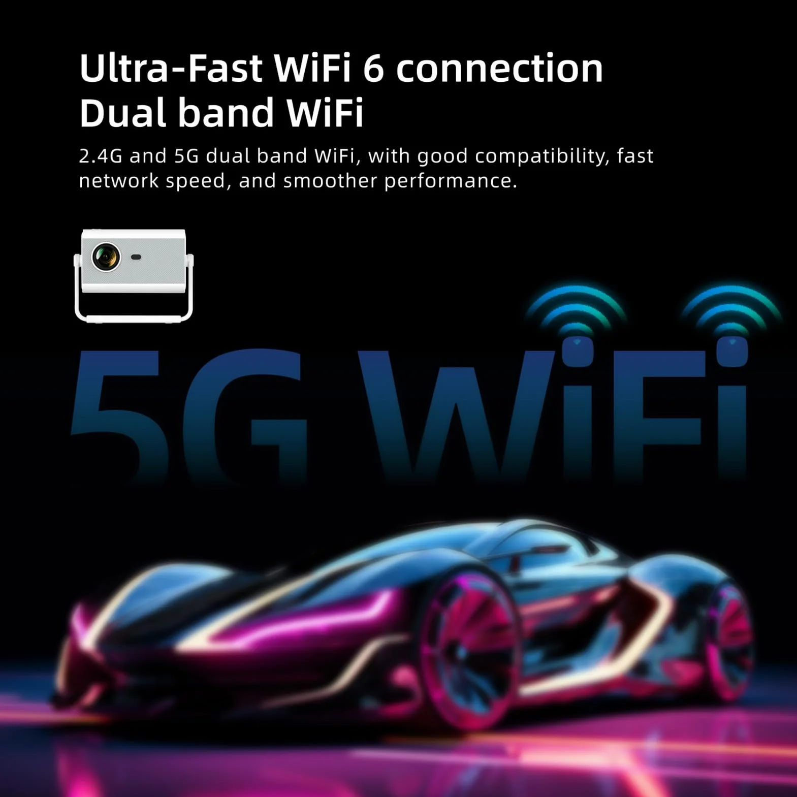 Inteligentny projektor WiFi BT 4K 1080P Full HD przenośny kino domowe, automatyczna korekcja trapezowa o 180 stopni, zintegrowana aplikacja do przesyłania strumieniowego (wtyczka europejska)